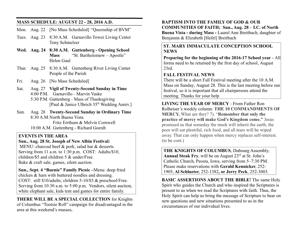 Mass Schedule for March 1 -7, 2010 A