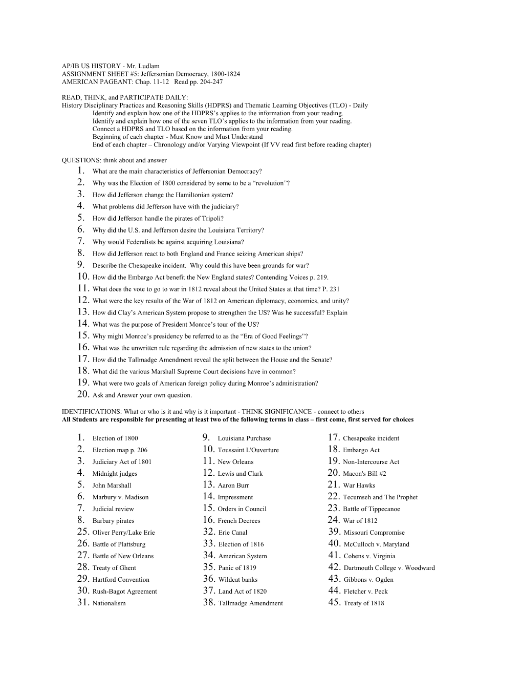 ASSIGNMENT SHEET #5: Jeffersonian Democracy, 1800-1824