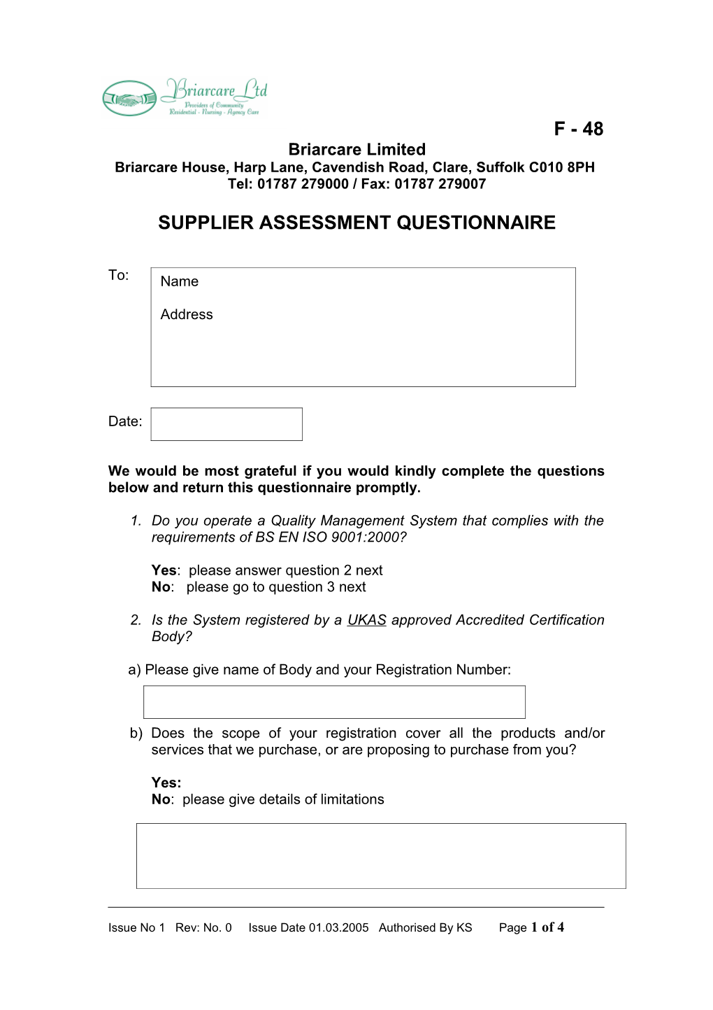 Supplier Assessment Questionnaire