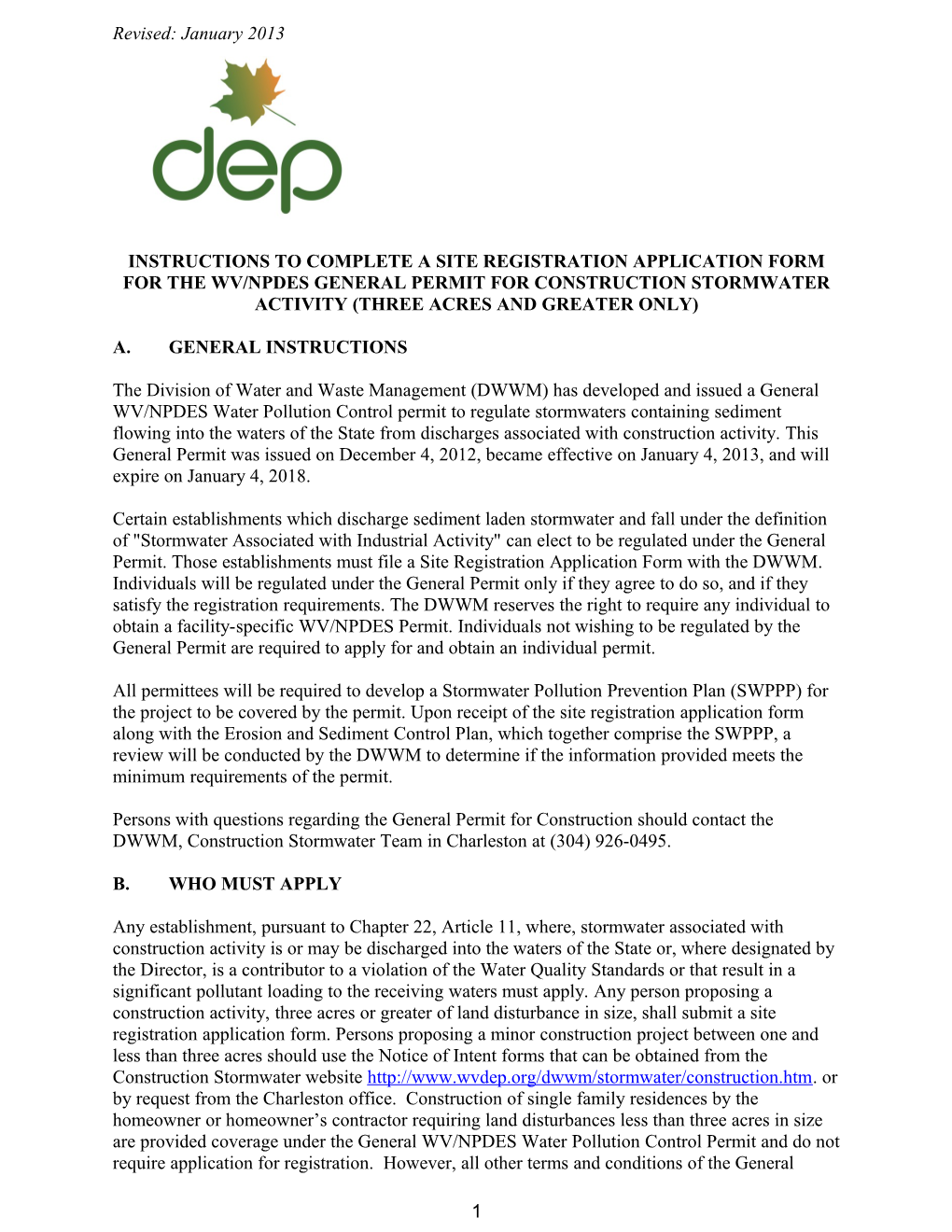 Instructions to Complete a Site Registrationapplication Form for Thewv/Npdes General Permit