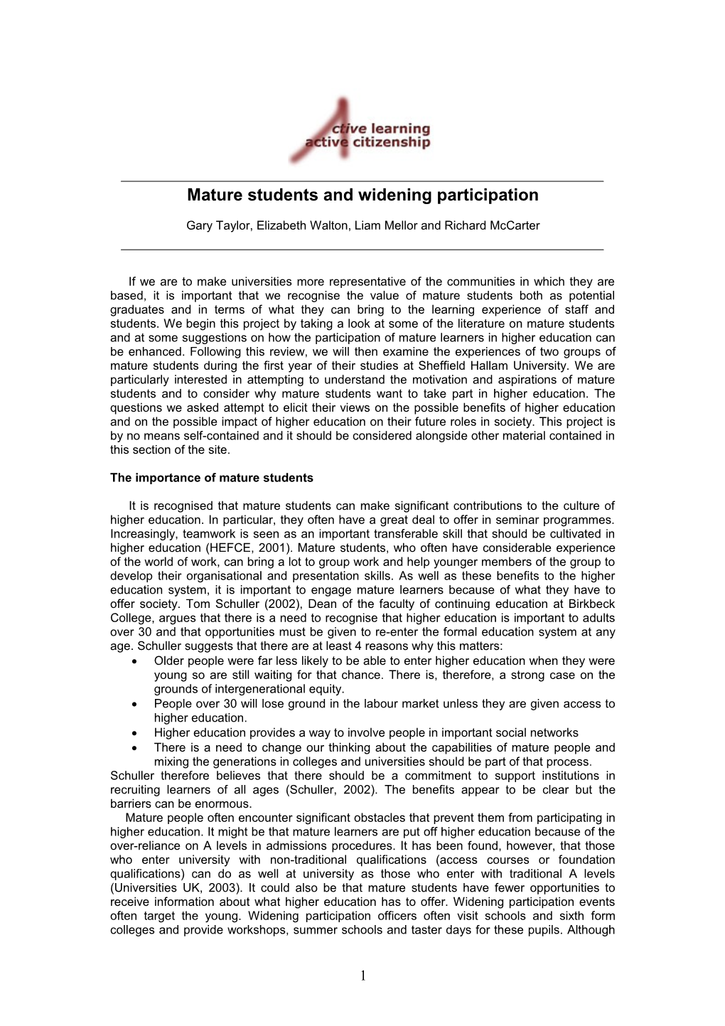 Mature Students and Widening Participation