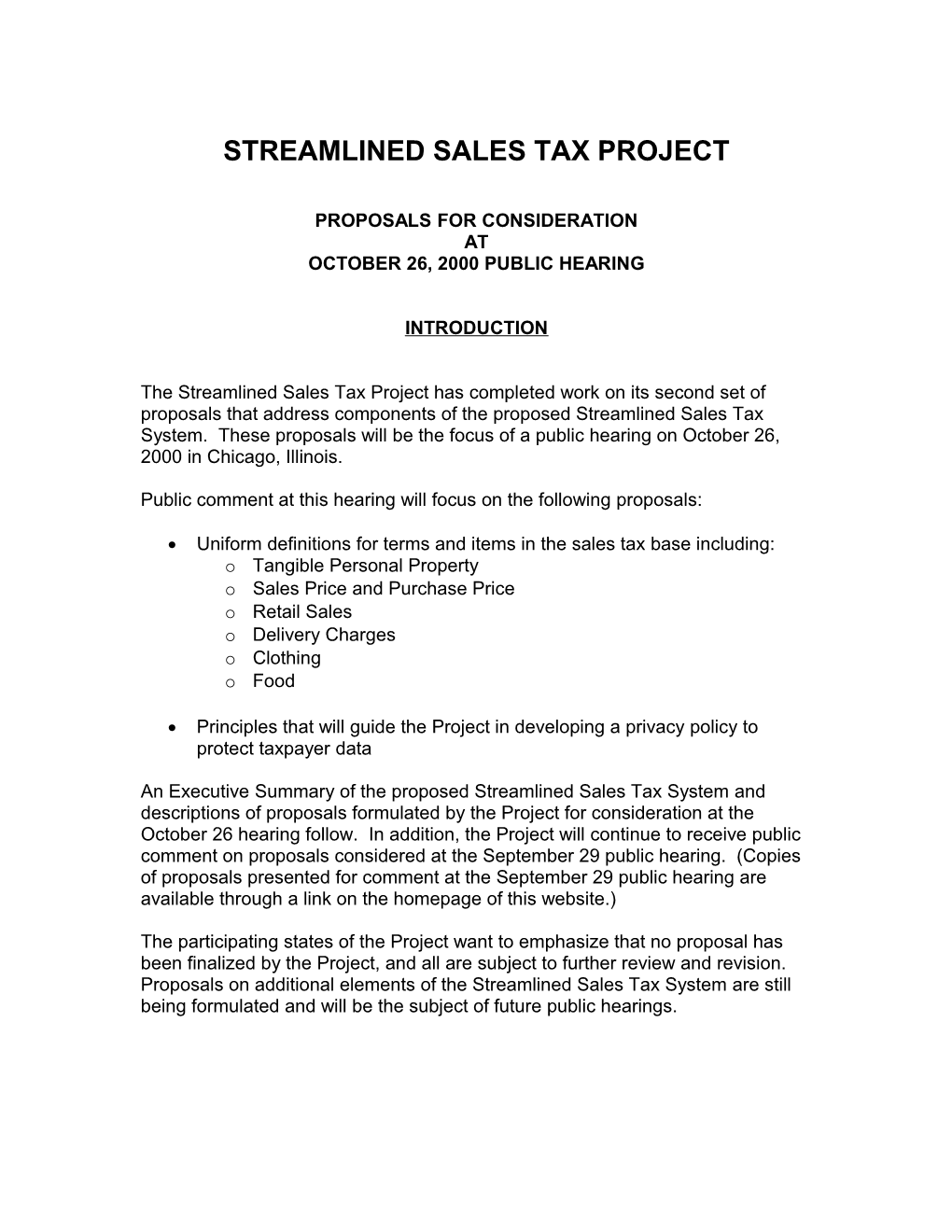 Streamlined Sales Tax Project