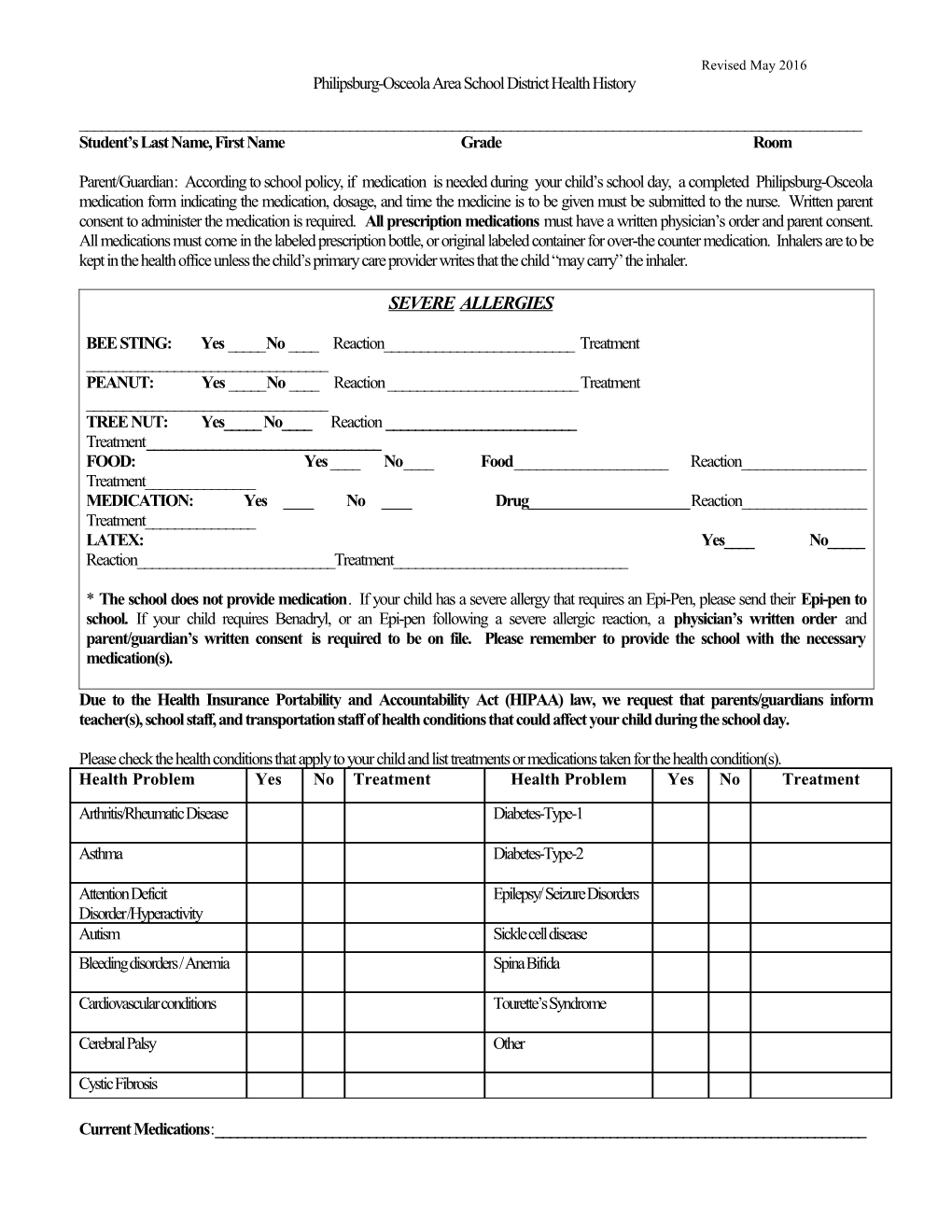 Philipsburg-Osceola Area School District Health History Form, 20____-20____ School Year