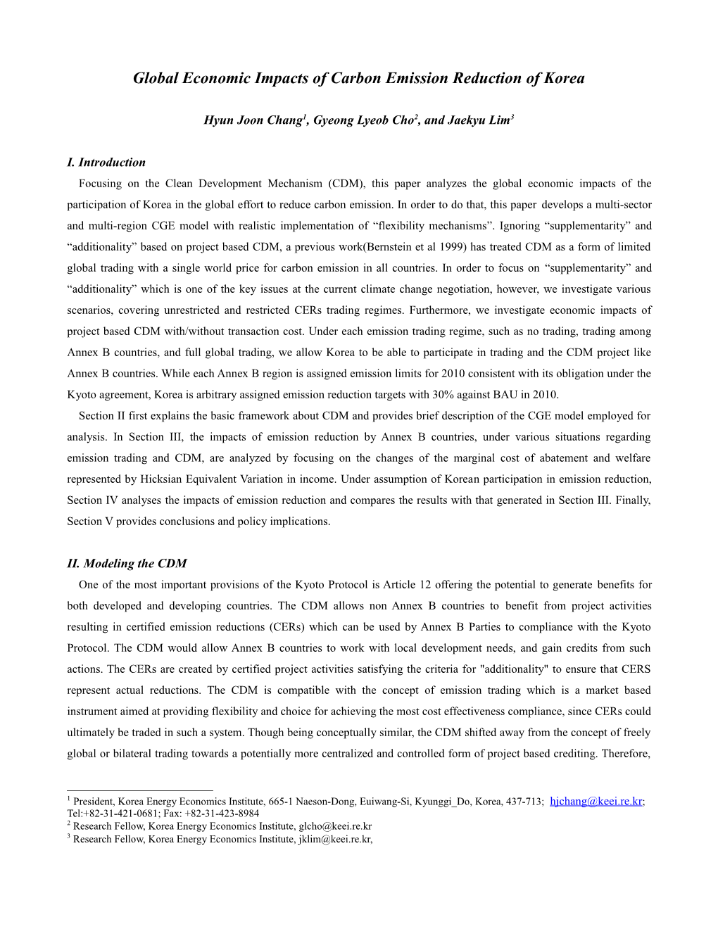 Global Economic Impacts of Carbon Emission Reduction of Korea