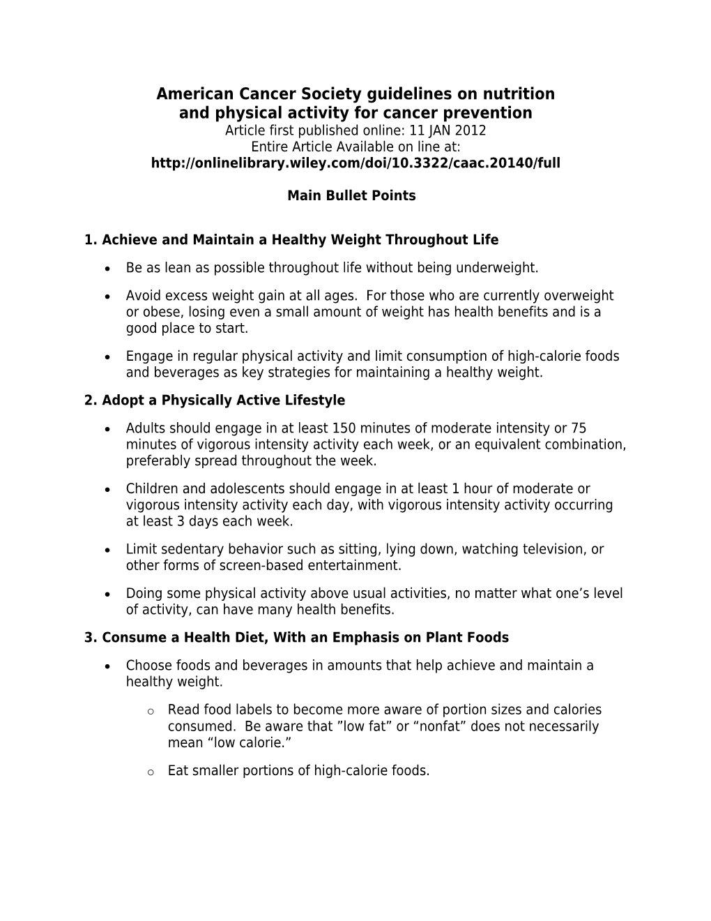 American Cancer Society Guidelines on Nutrition