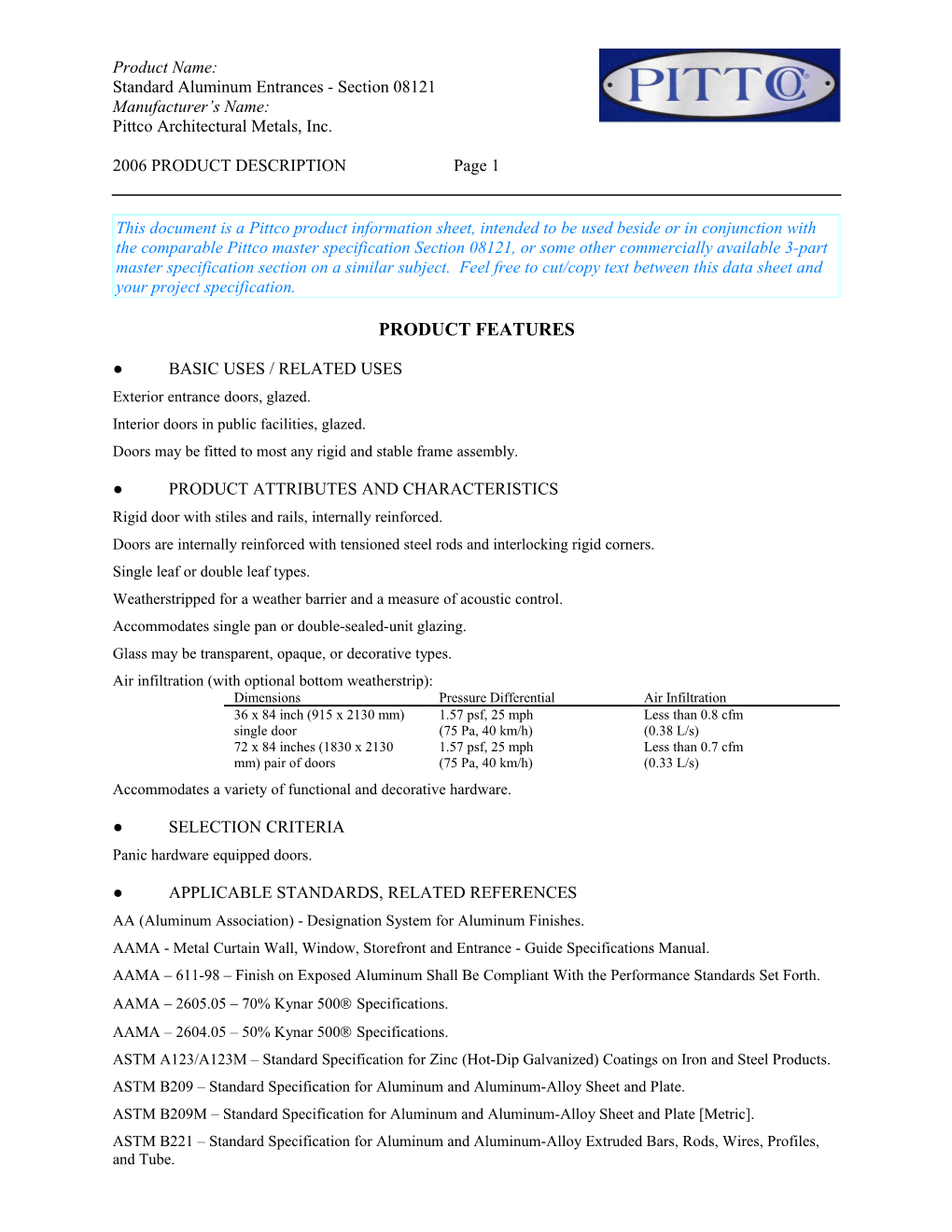 Standard Aluminum Entrances - Section 08121