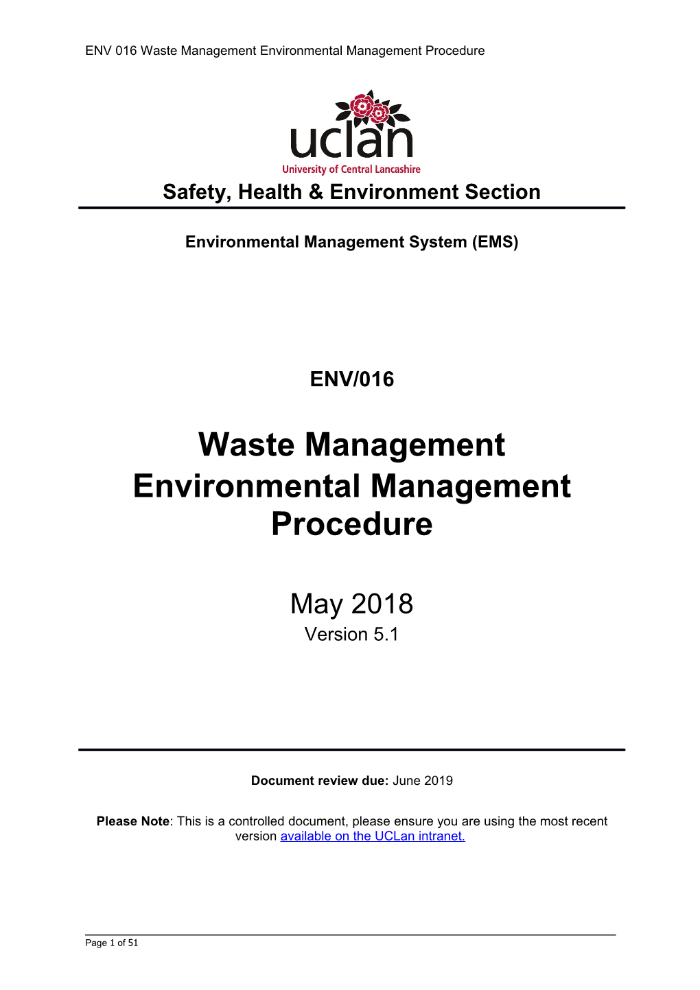 ENV 016 Waste Management Environmental Management Procedure