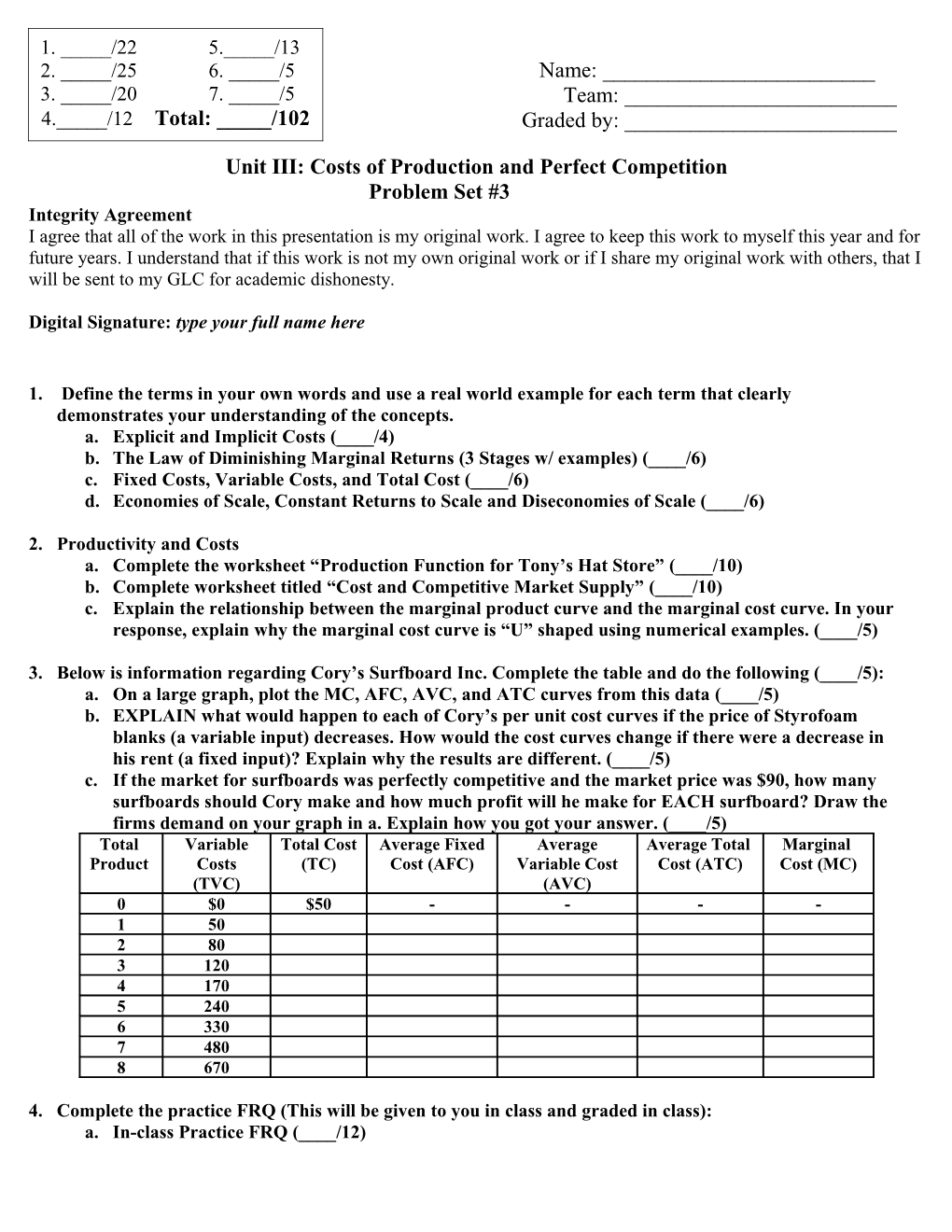 Unit III: Costs of Production and Perfect Competition