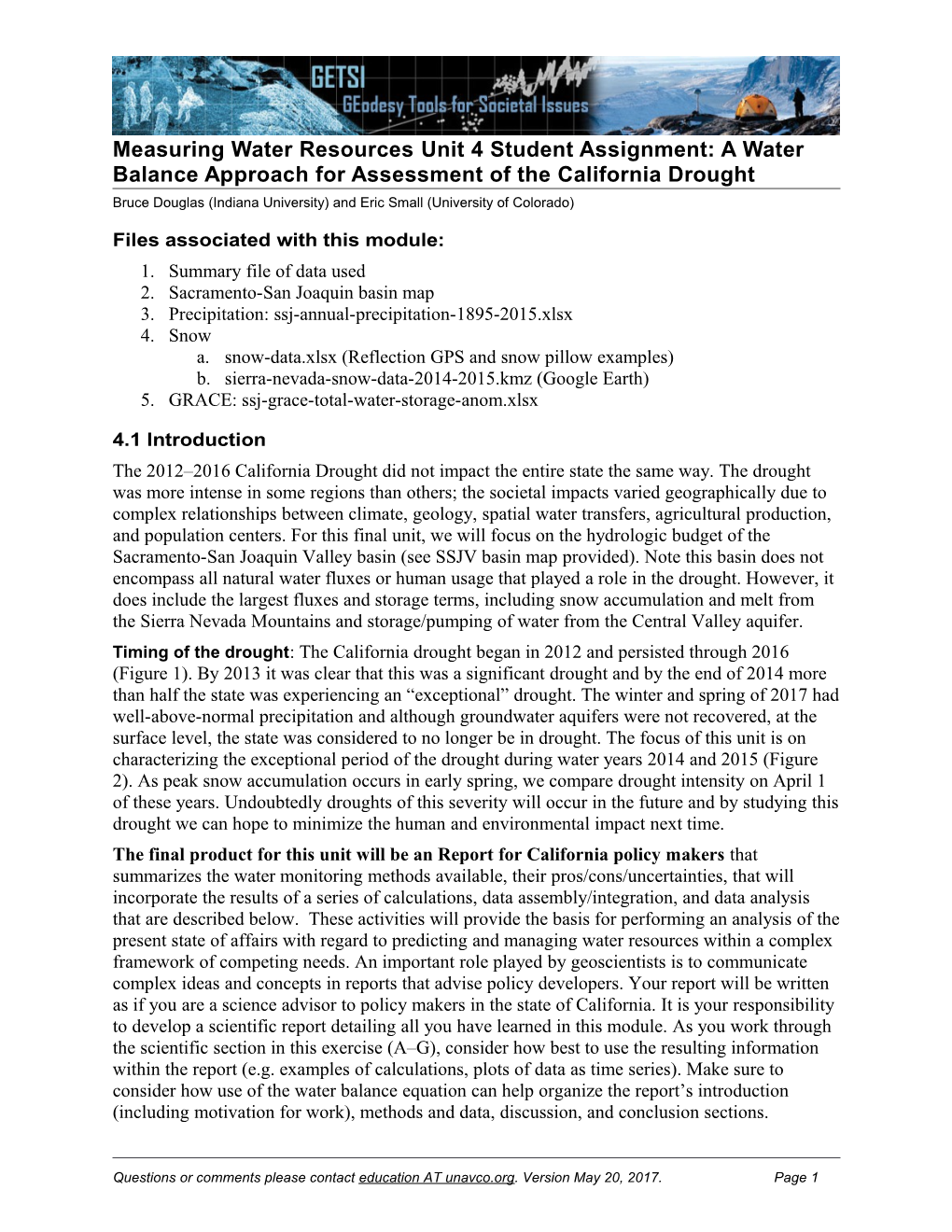 Measuring Water Resourcesunit 4 Student Assignment: a Water Balance Approach for Assessment