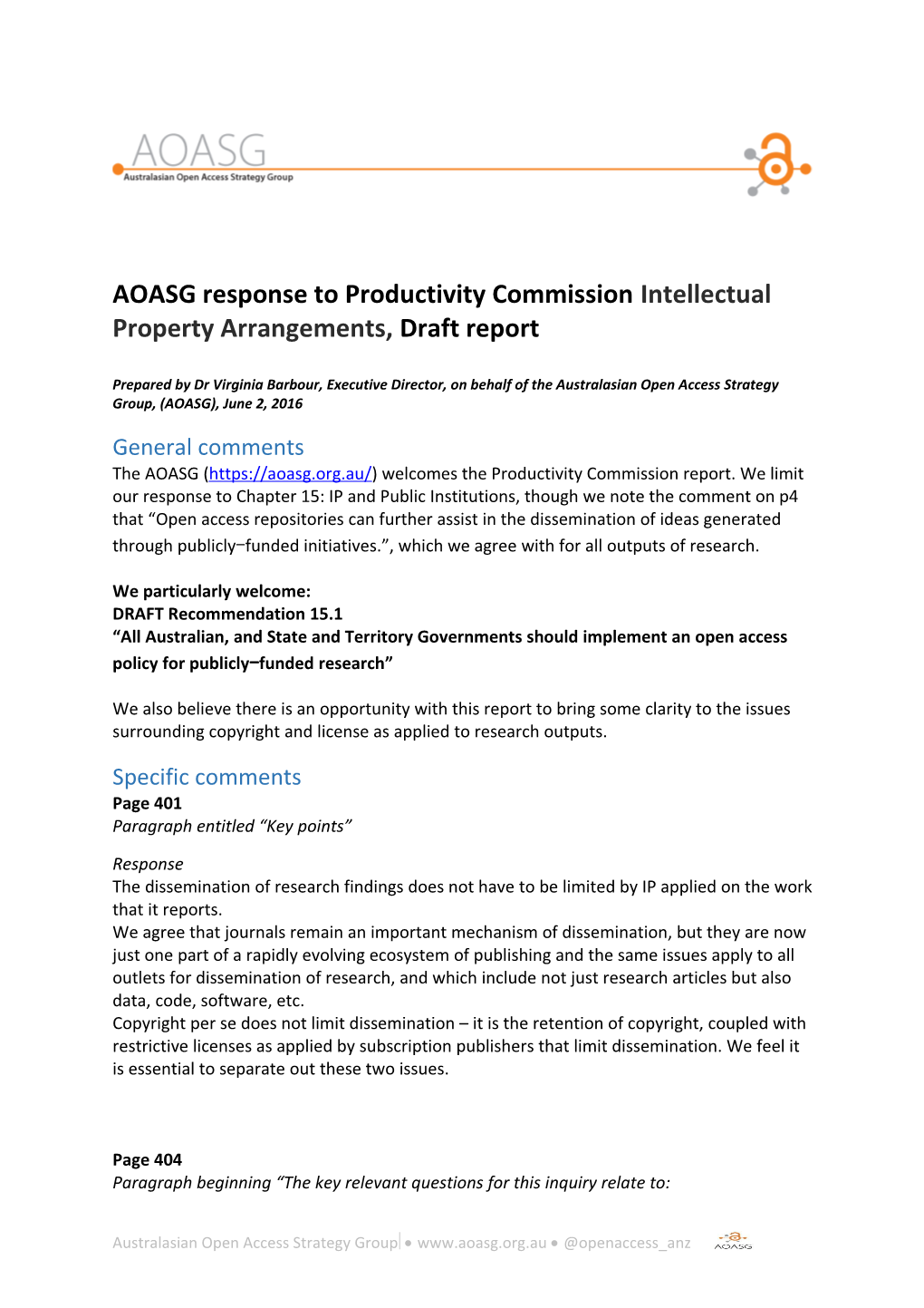 Submission DR431 - Australasian Open Access Strategy Group - Intellectual Property Arrangements