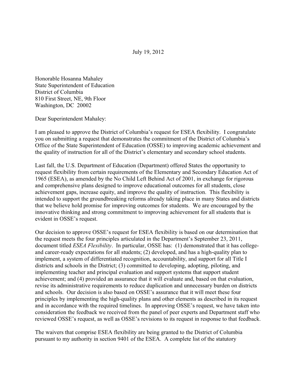 District of Columbia: ESEA Flexibility Requests, Secretary's Approval Letter July 19, 2012