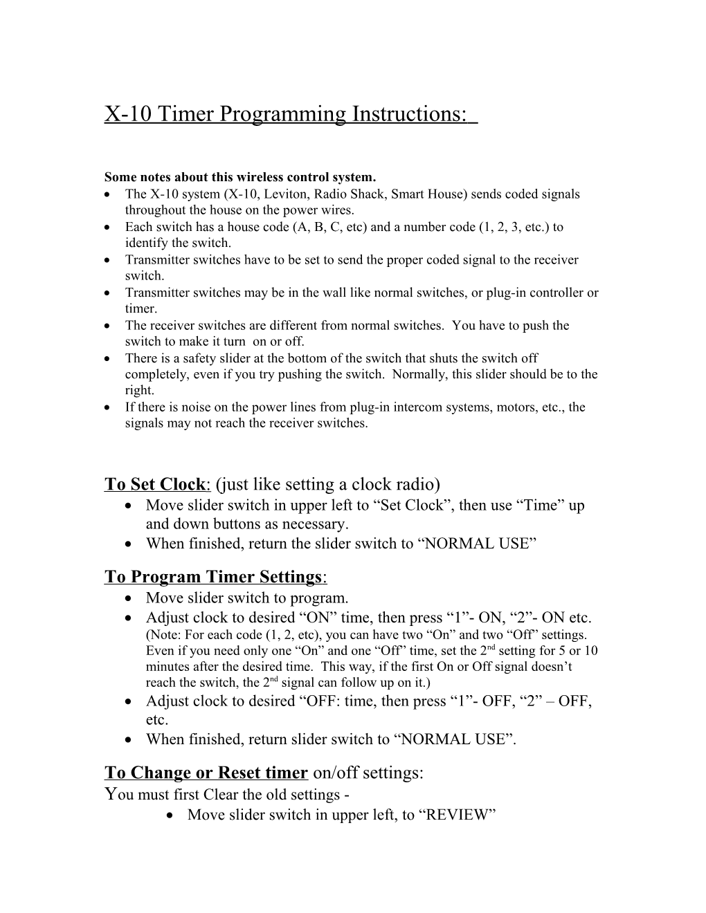 X-10 Timer Programming Instructions