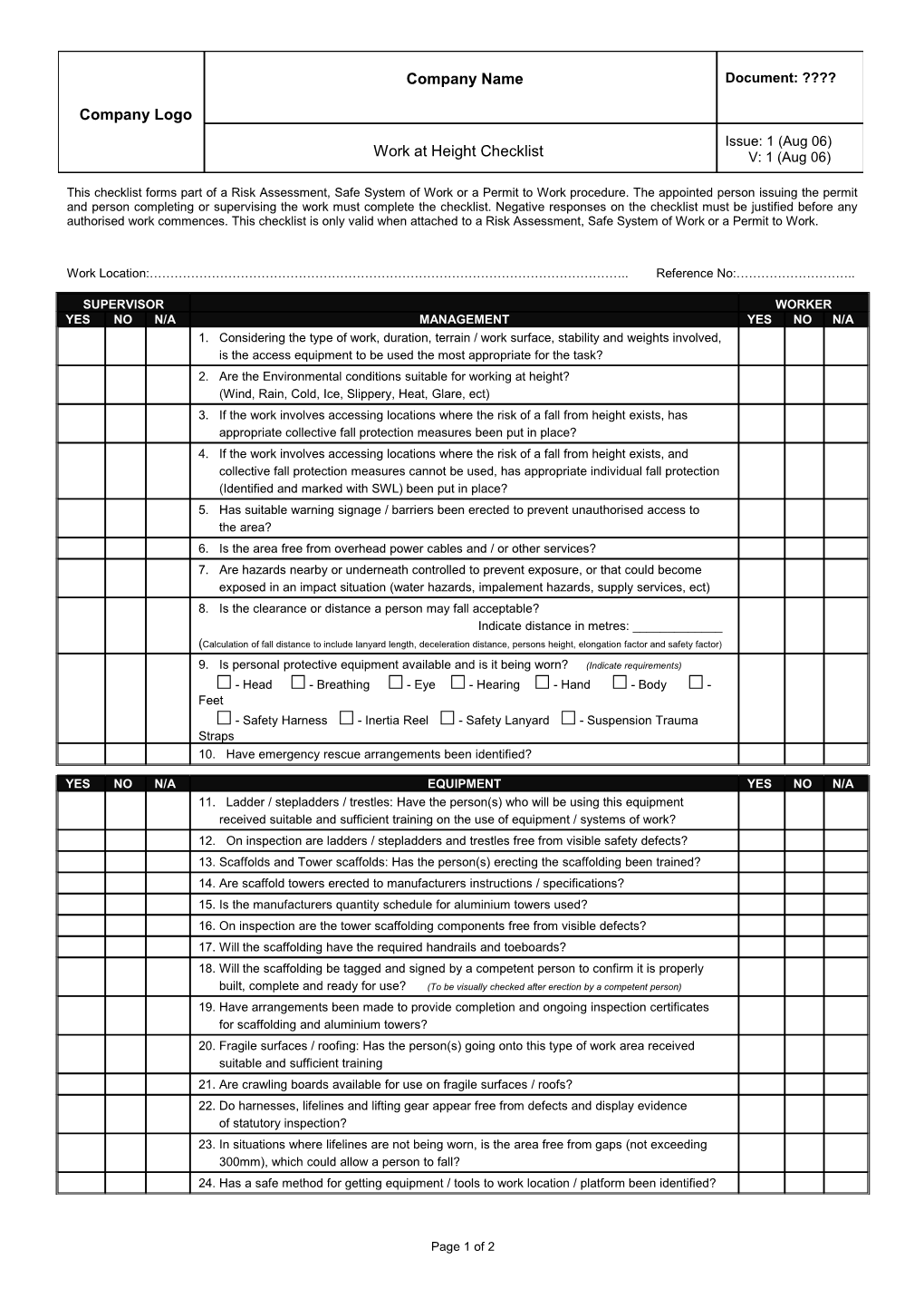 This Checklist Forms Part of a Risk Assessment, Safe System of Work Or a Permit to Work