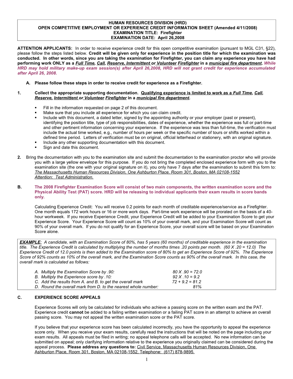 2008 Firefighter Exam Open Competitive Employment Or Experience Credit Information Sheet