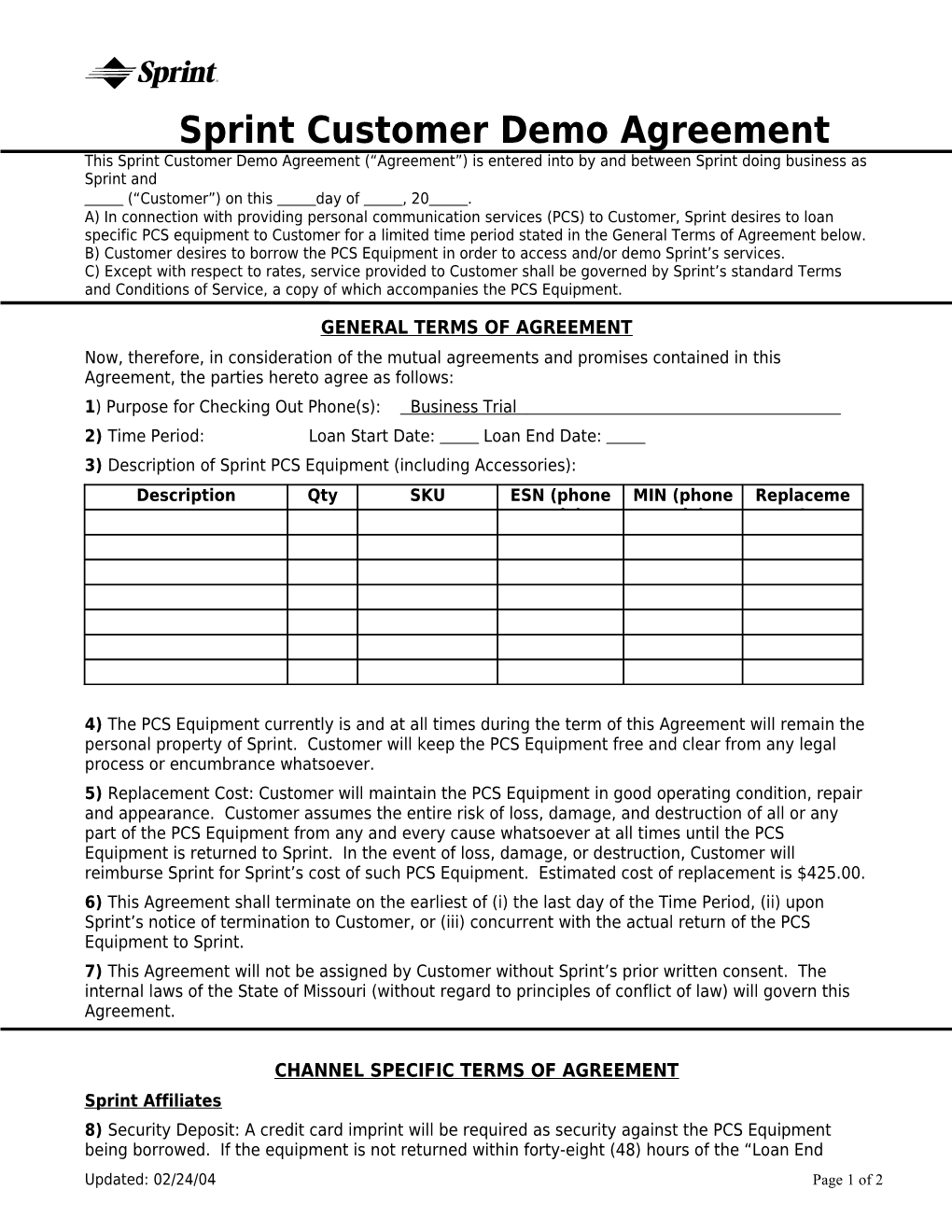 Sprint PCS Center Sales Check Sheet