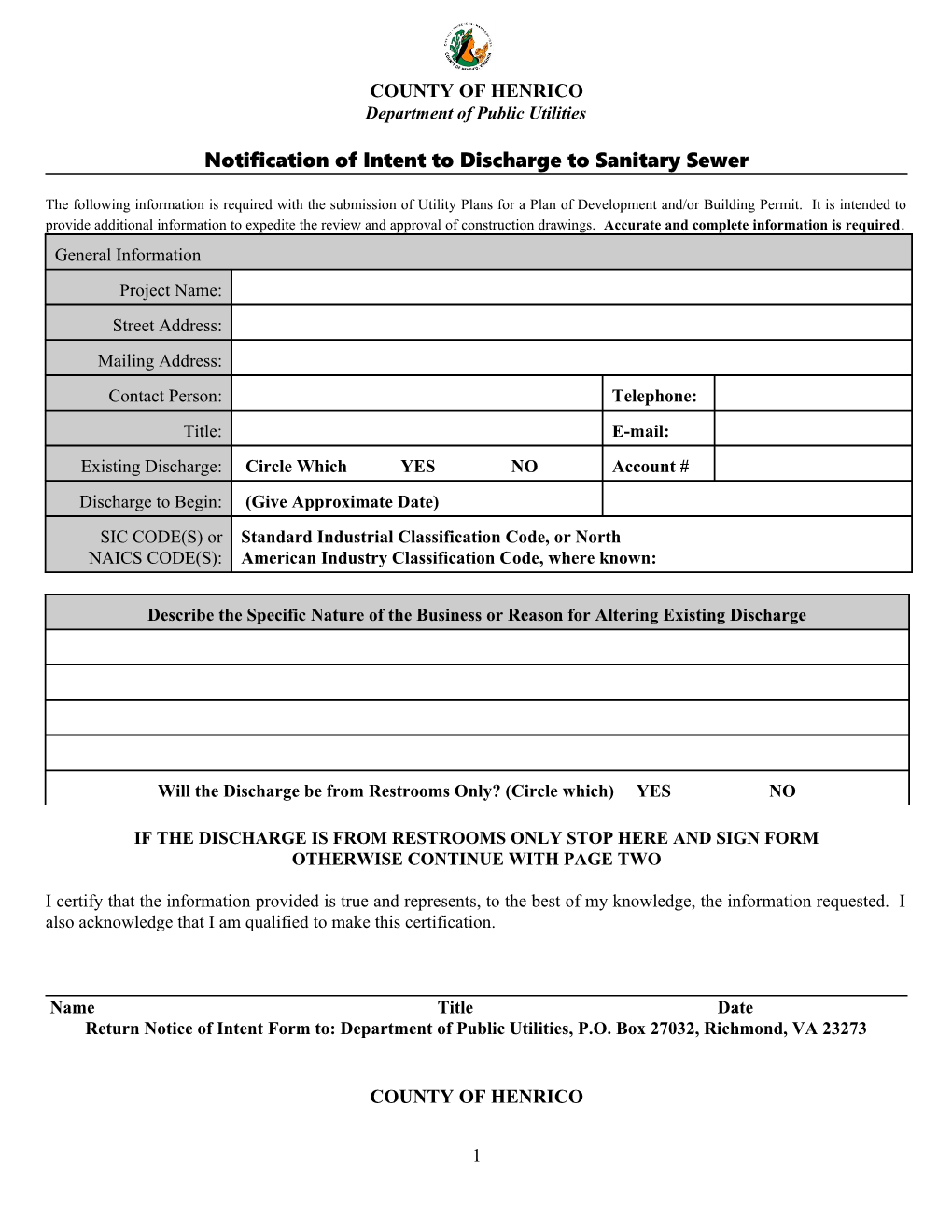 Notification of Intent to Discharge to Sanitary Sewer