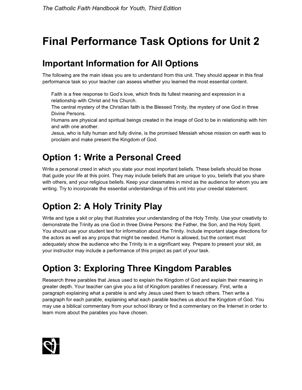 Final Performance Task Options for Unit 2