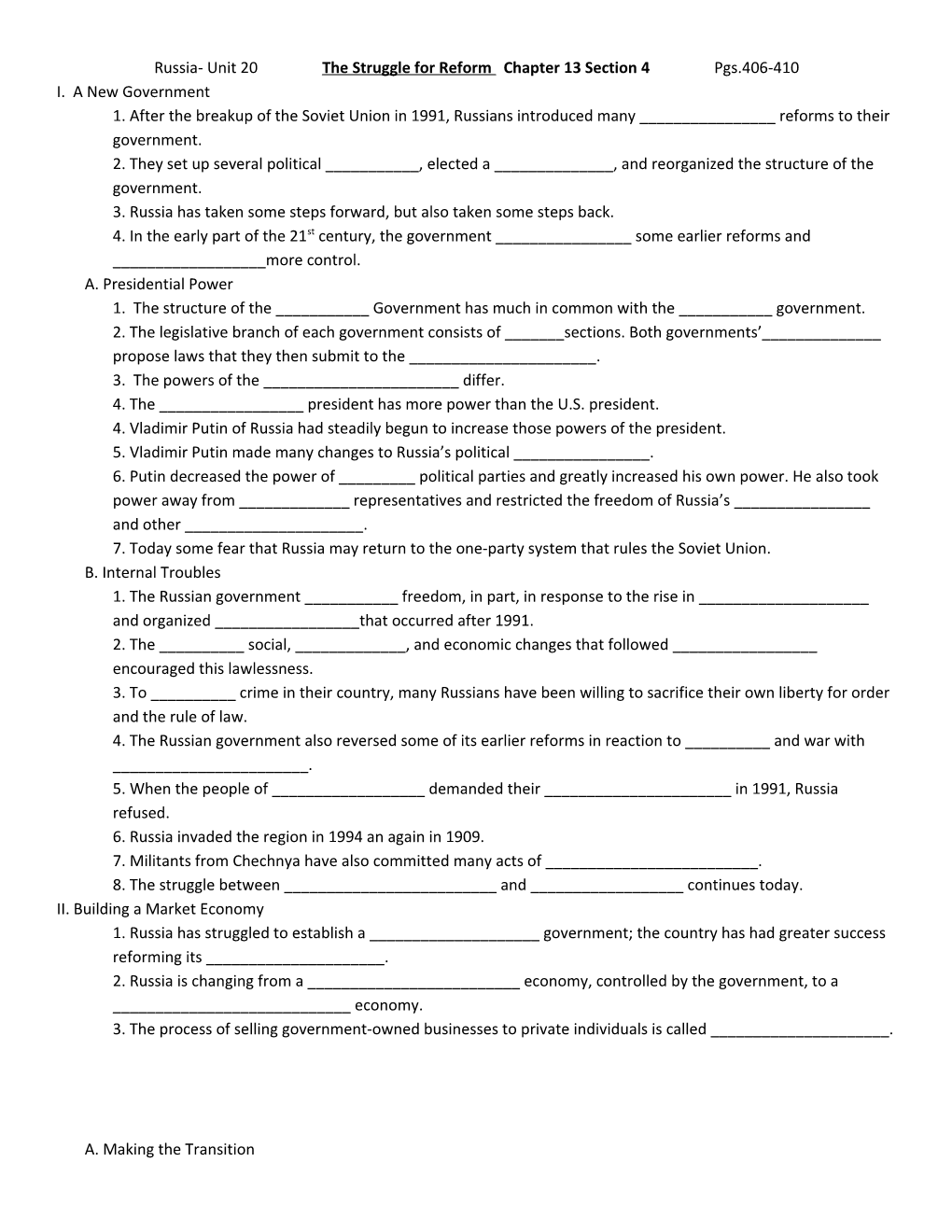 Russia- Unit 20 Thestruggle for Reform Chapter 13 Section 4 Pgs.406-410