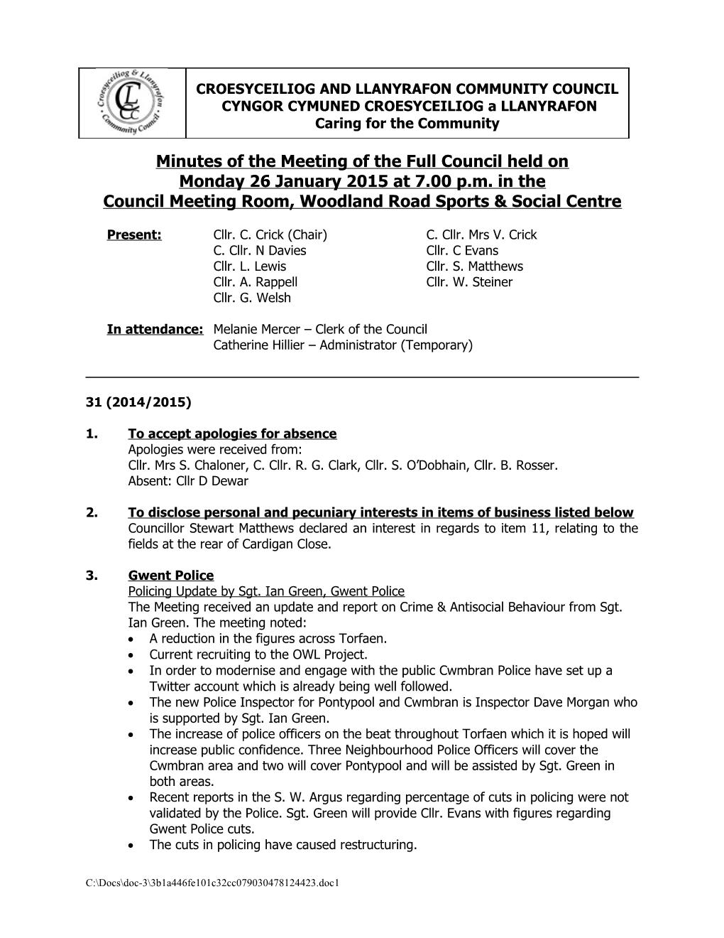 Minutes of the Meeting of the Full Council Held On