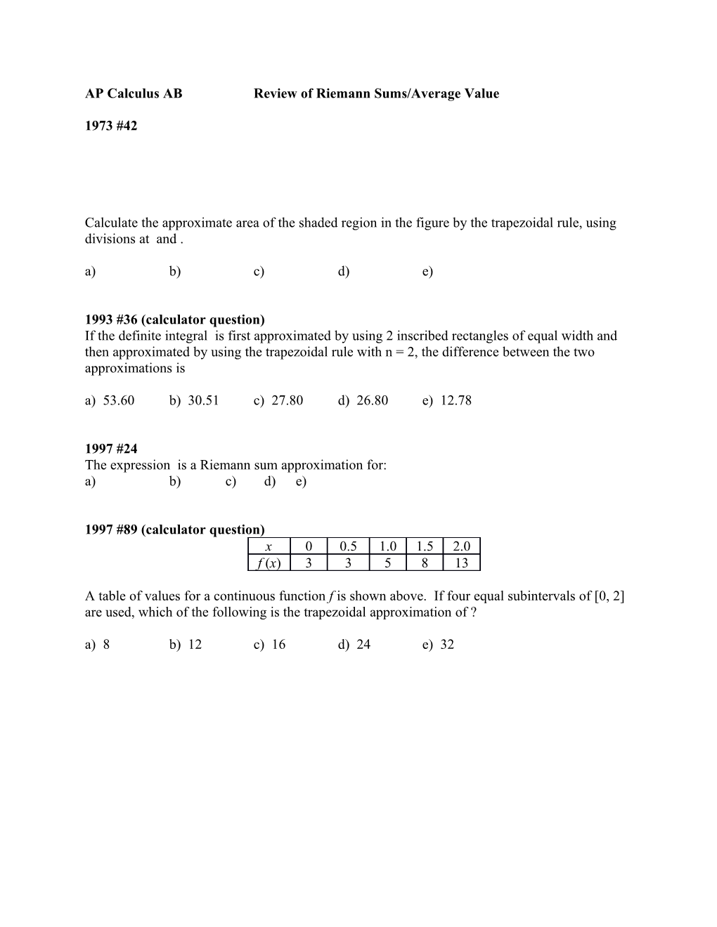 Review of Reimann Sums/Average Value