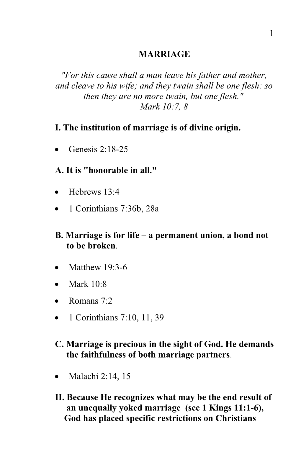 I. the Institution of Marriage Is of Divine Origin