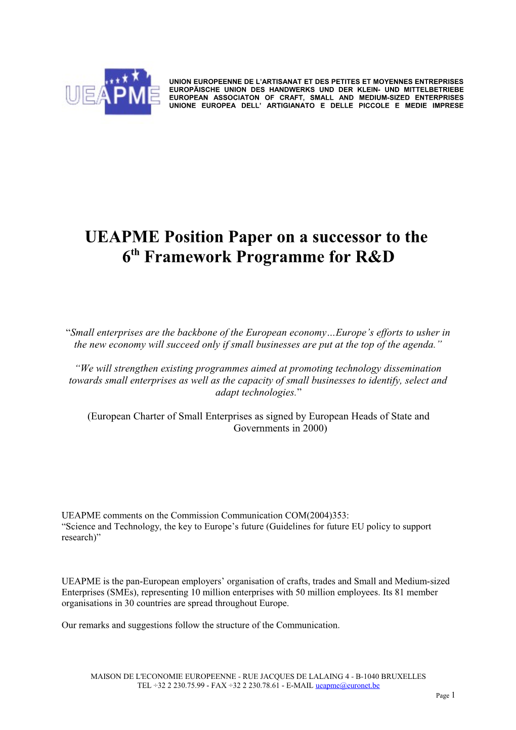 UEAPME Position Paper on a Successor to The