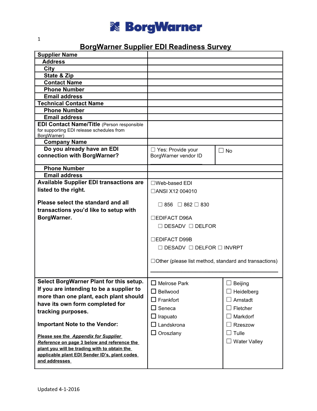 Borgwarner Supplier EDI Readiness Survey