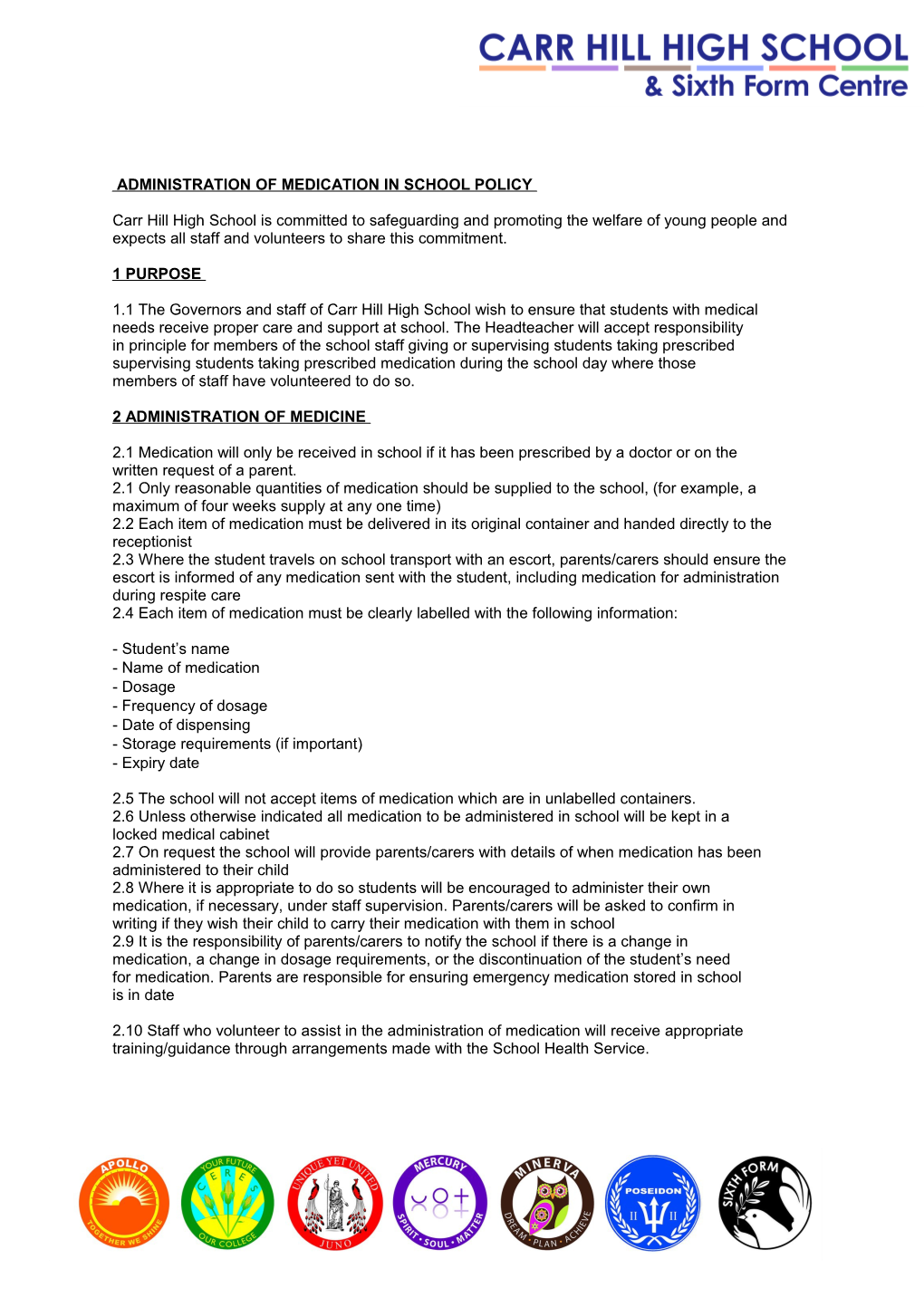 Administration of Medication in School Policy