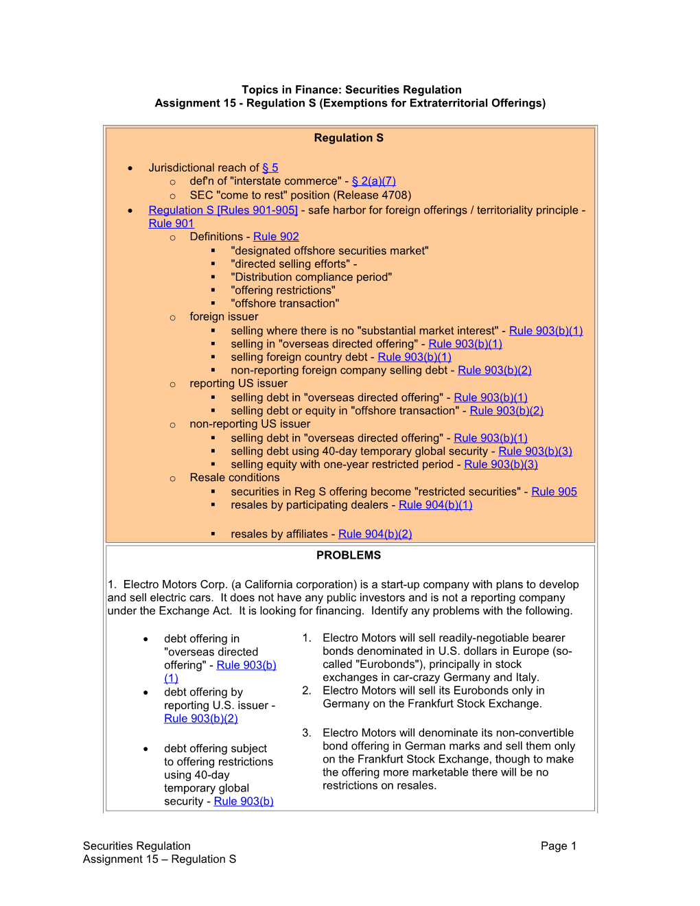 Topics in Finance: Securities Regulation