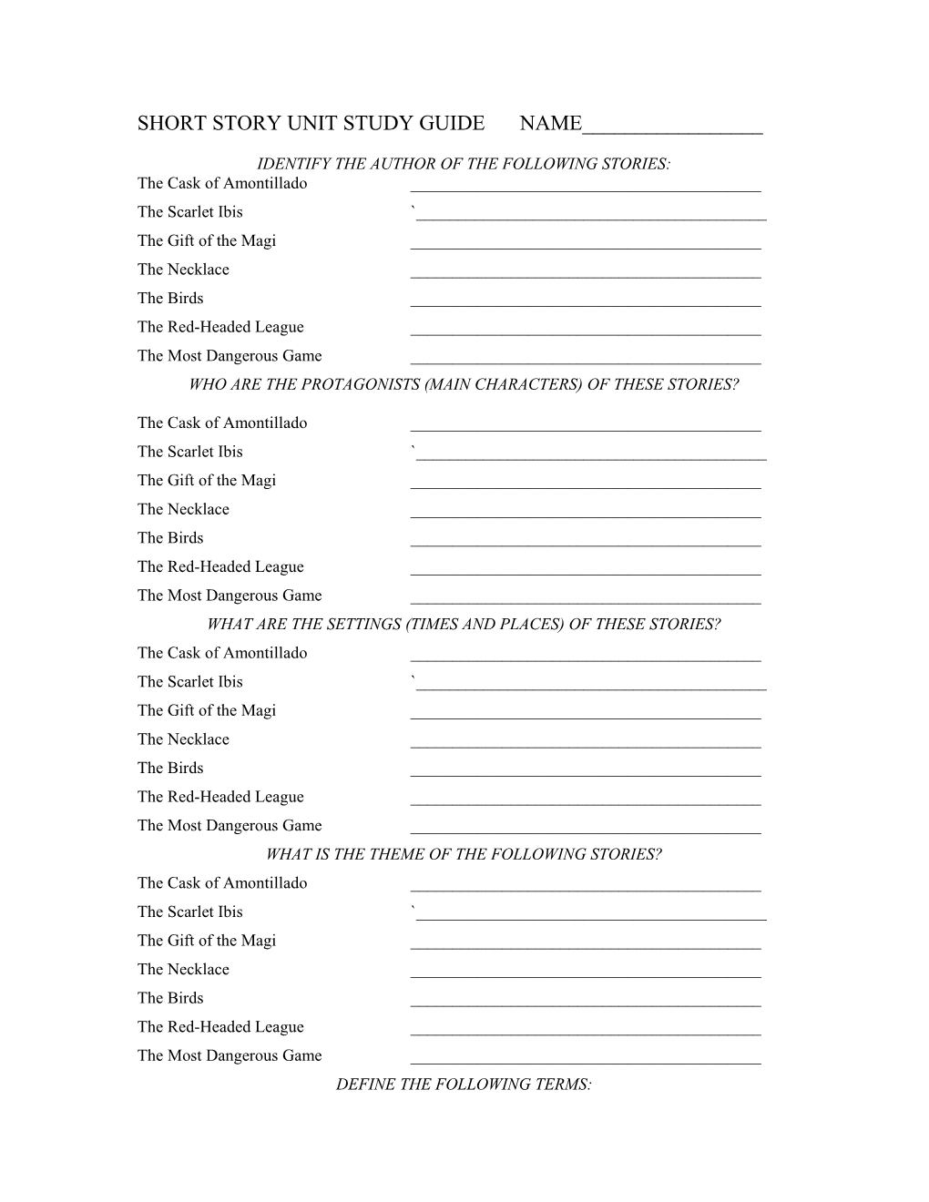 Short Story Unit Study Guide