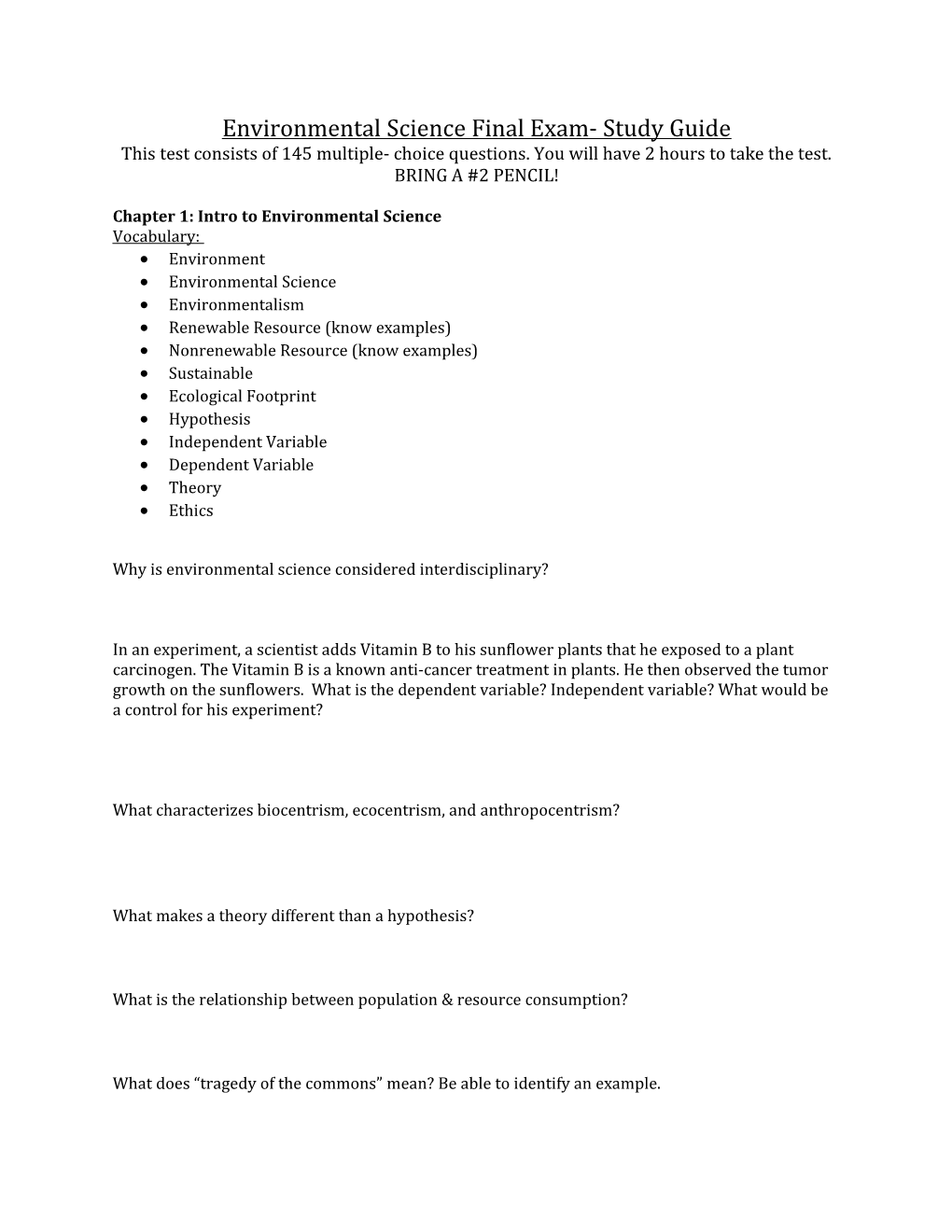 Environmental Science Final Exam- Study Guide