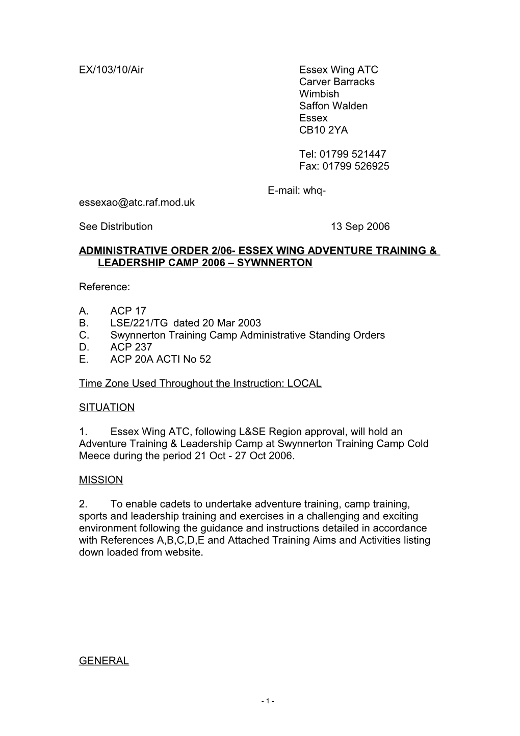 Administrative Order 2/06- Essex Wing Adventure Training & Leadership Camp 2006 Sywnnerton