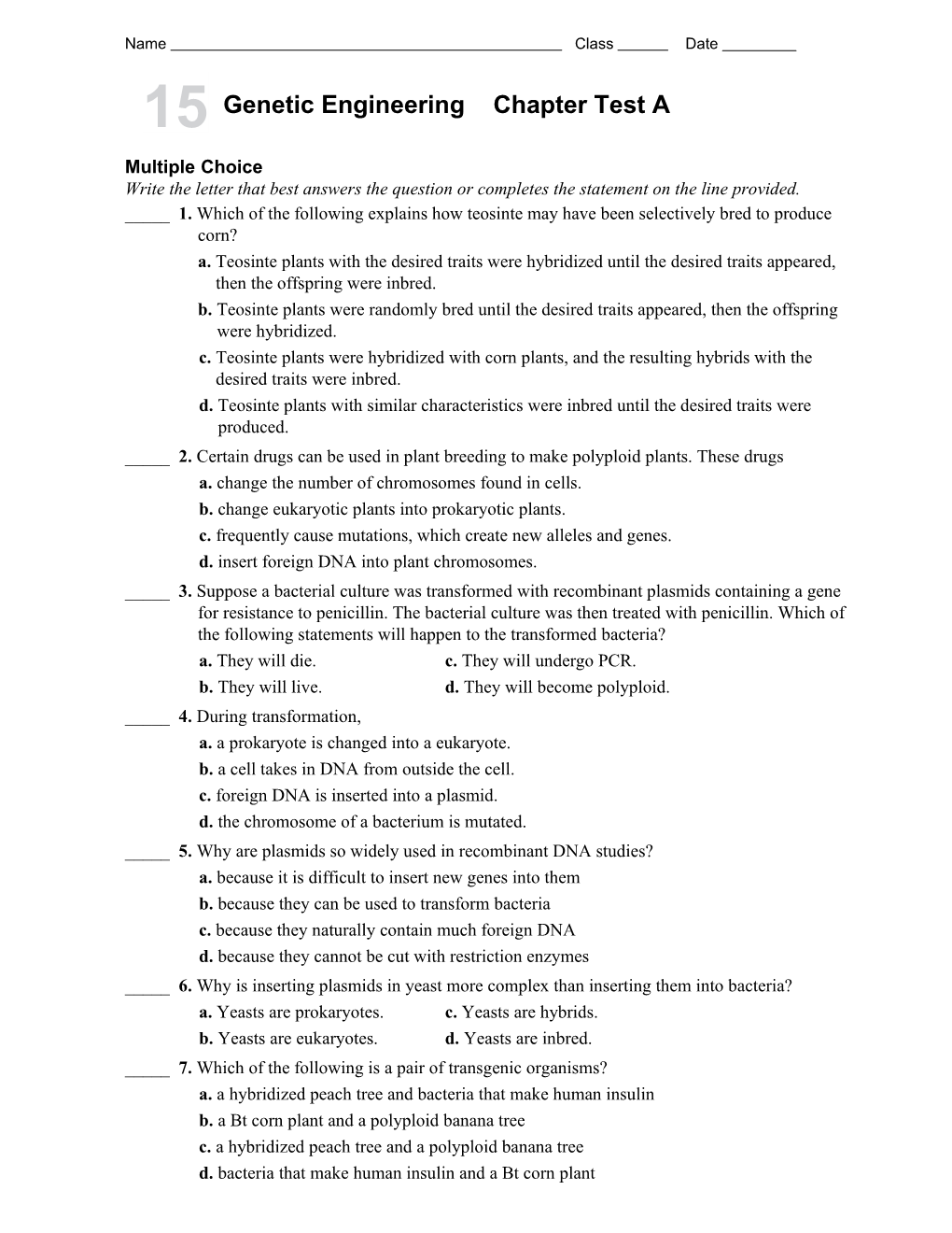 Genetic Engineeringchapter Test A