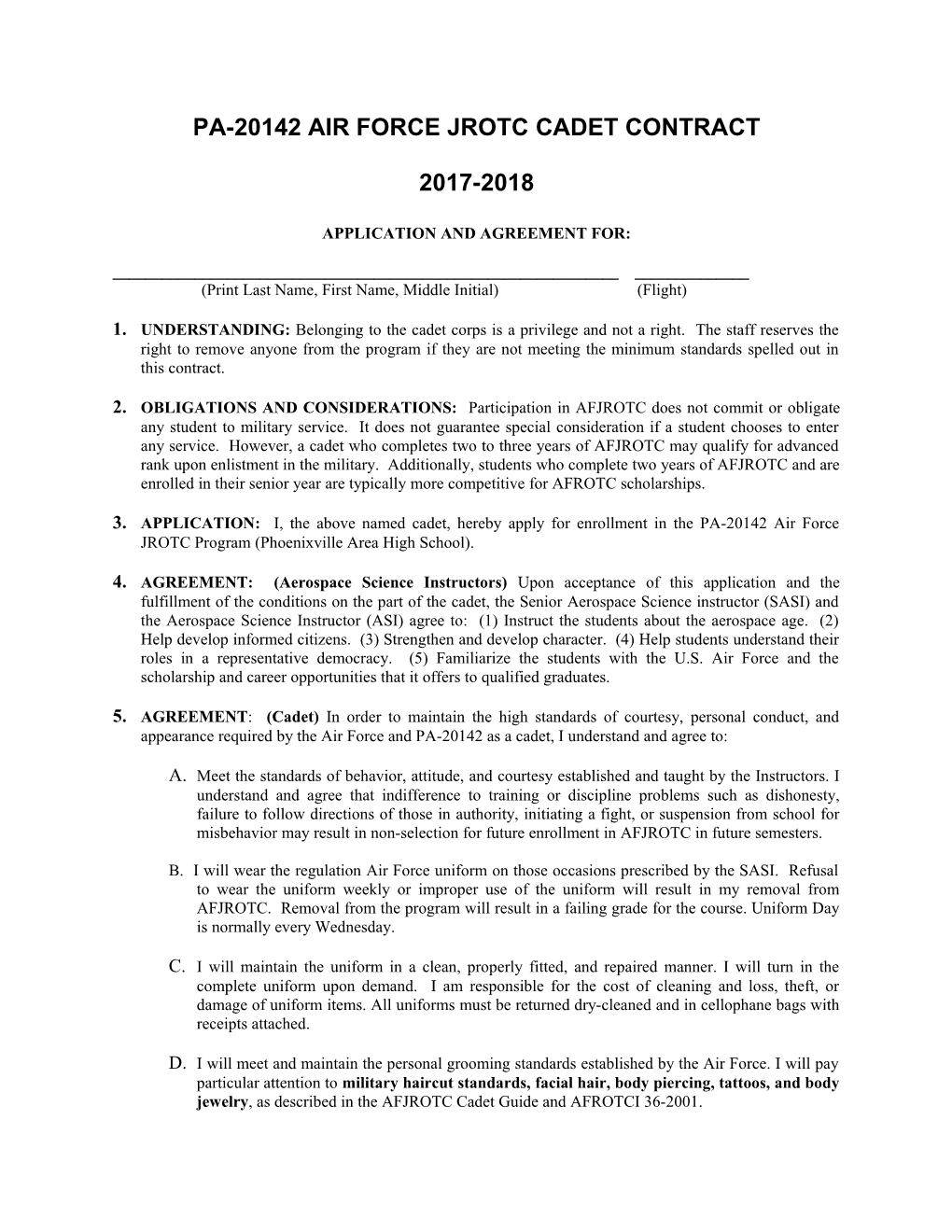 Pa-20142 Air Force Jrotc Cadet Contract