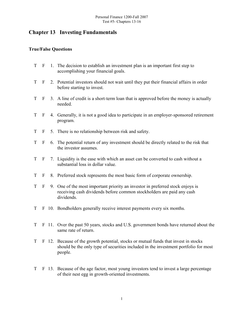 Chapter 13 Investing Fundamentals