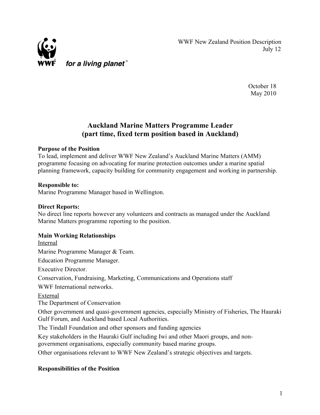 WWF New Zealand: Position Description