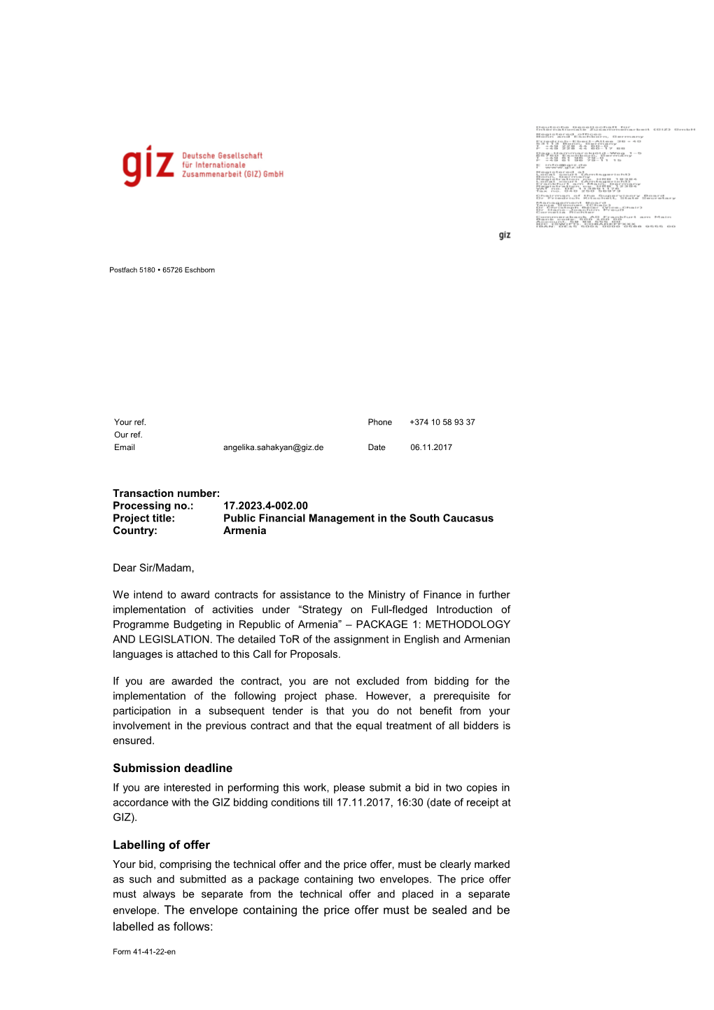 Form-41-41-22-En, Wettbewerbsanschreiben Für Kleinwettbewerbe/Kurzzeitmaßnahmen, Stand