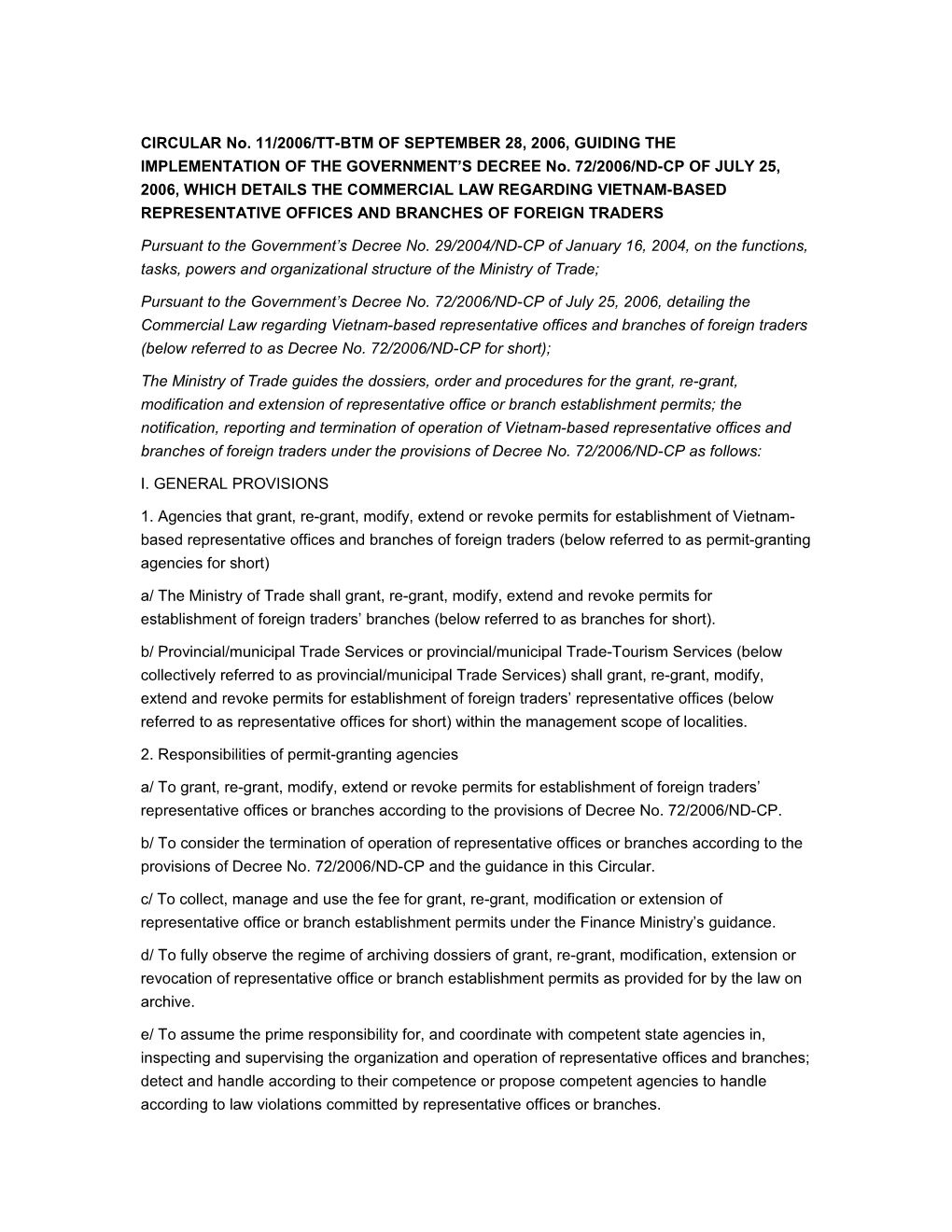 CIRCULAR No. 11/2006/TT-BTM of SEPTEMBER 28, 2006, GUIDING the IMPLEMENTATION of the GOVERNMENT