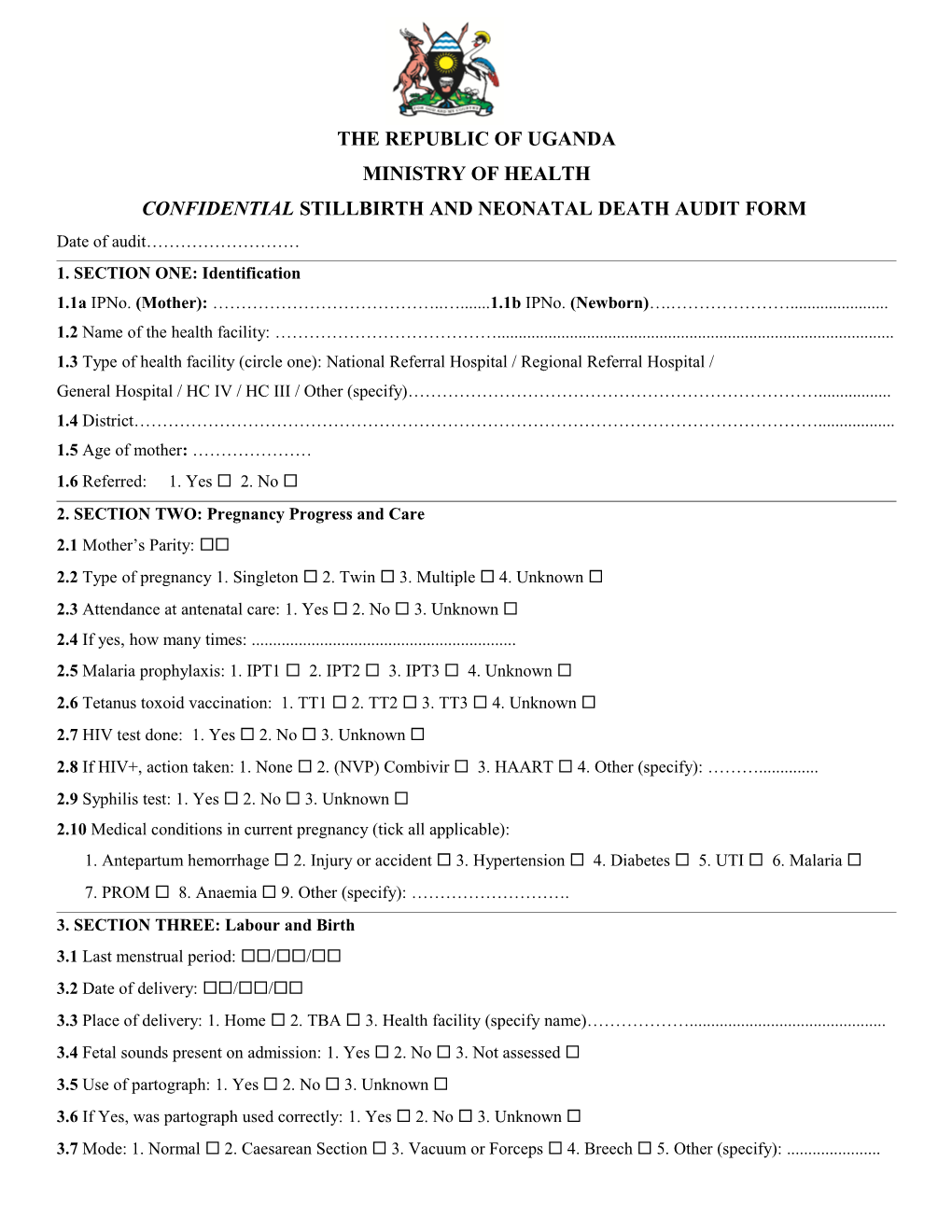 Confidential Stillbirth and Neonataldeath Audit Form