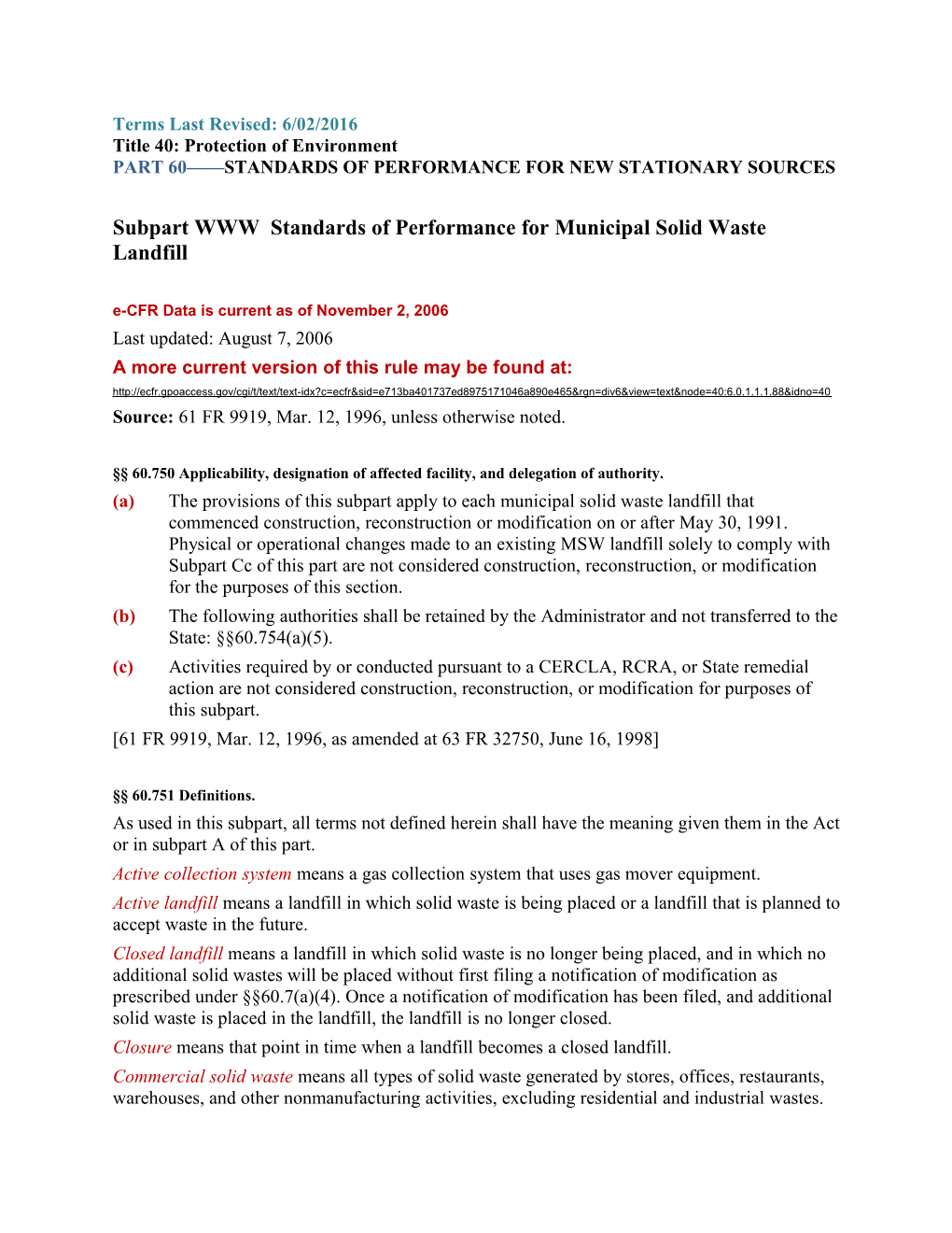 Subpart WWW Standards of Performance for Municipal Solid Waste Landfill