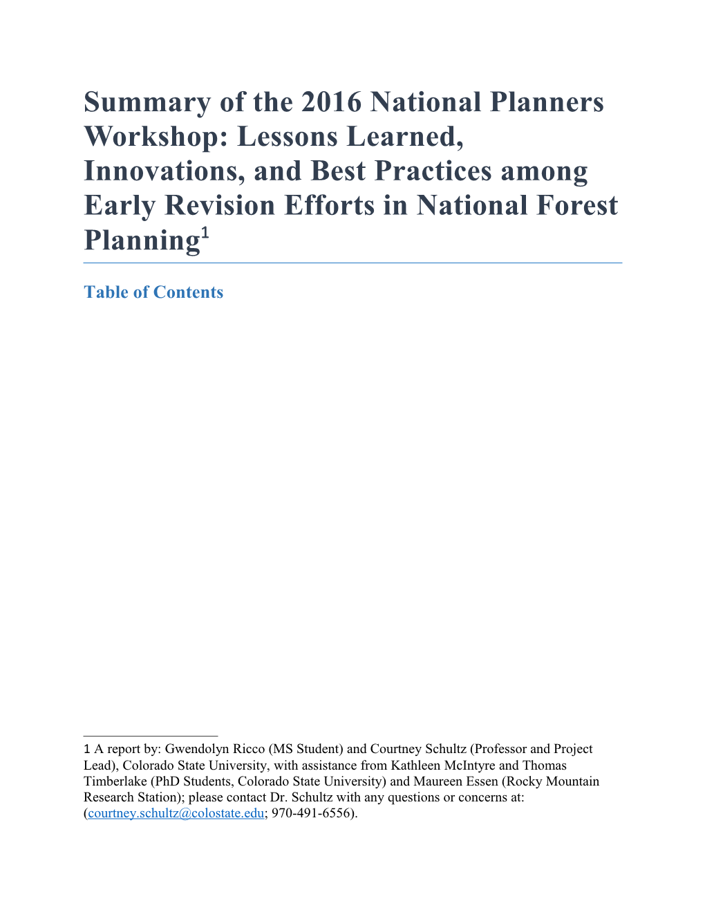 Summary of the 2016 National Planners Workshop: Lessons Learned, Innovations, and Best