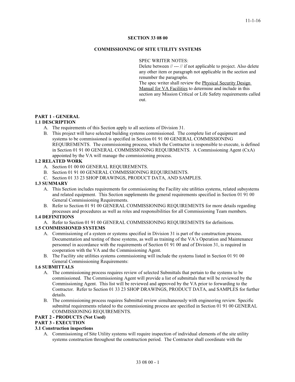 Section 33 08 00, Commissioning of Site Utility Systems