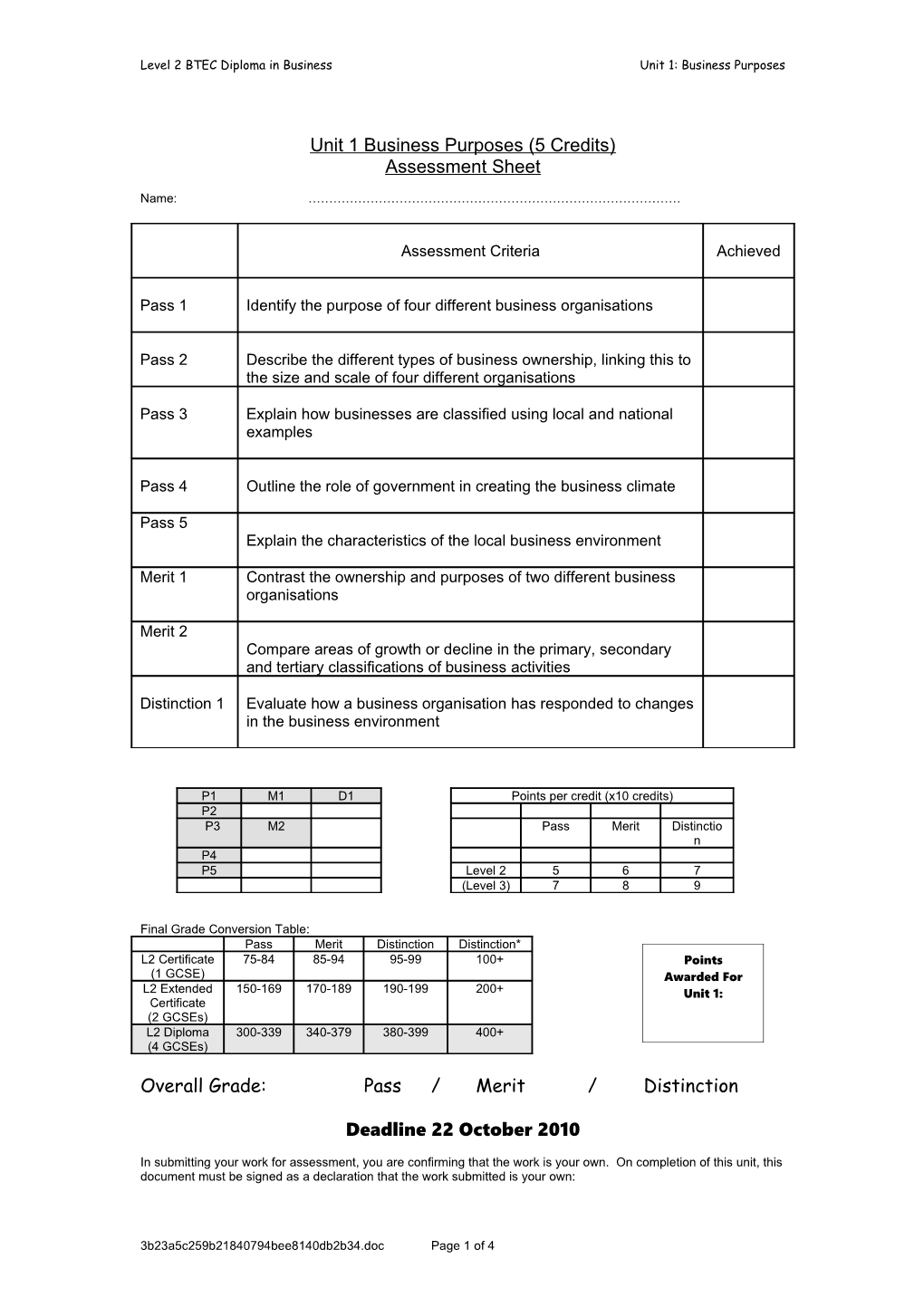 Level 2 BTEC Diploma in Businessunit 1: Business Purposes