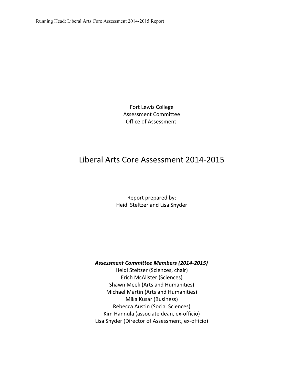 Liberal Arts Core Assessment 2014-2015 Report