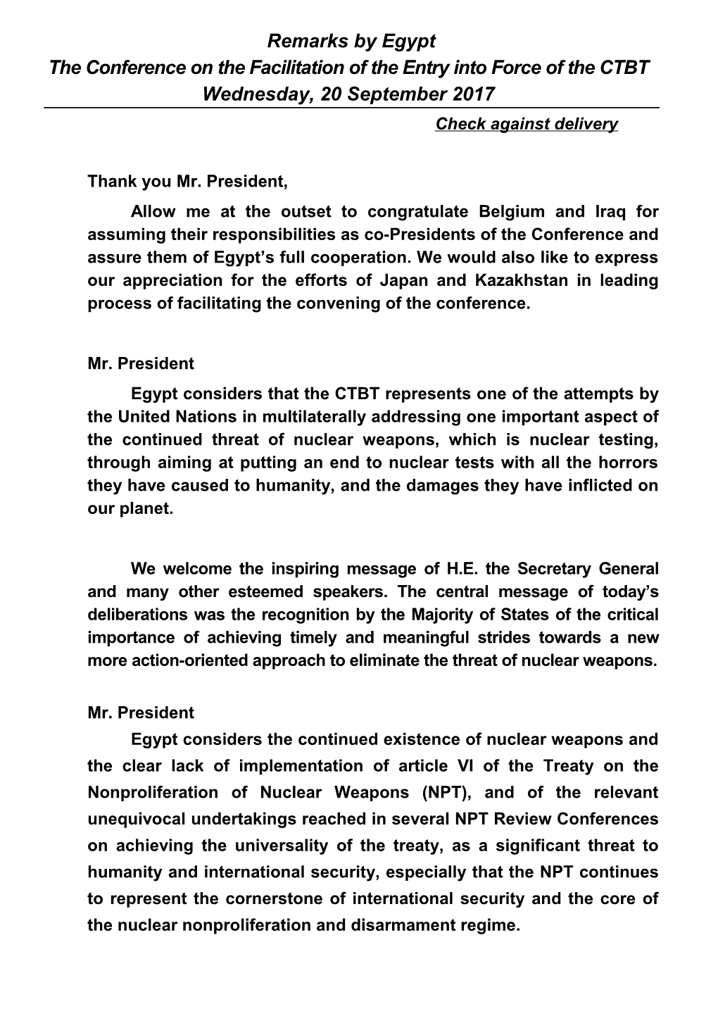 Talking Points for the Celebration of the International Day Against Nuclear Tests