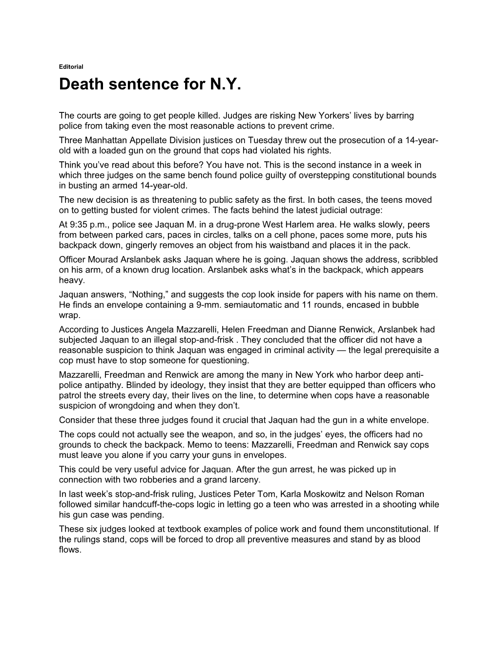 Death Sentence for N.Y