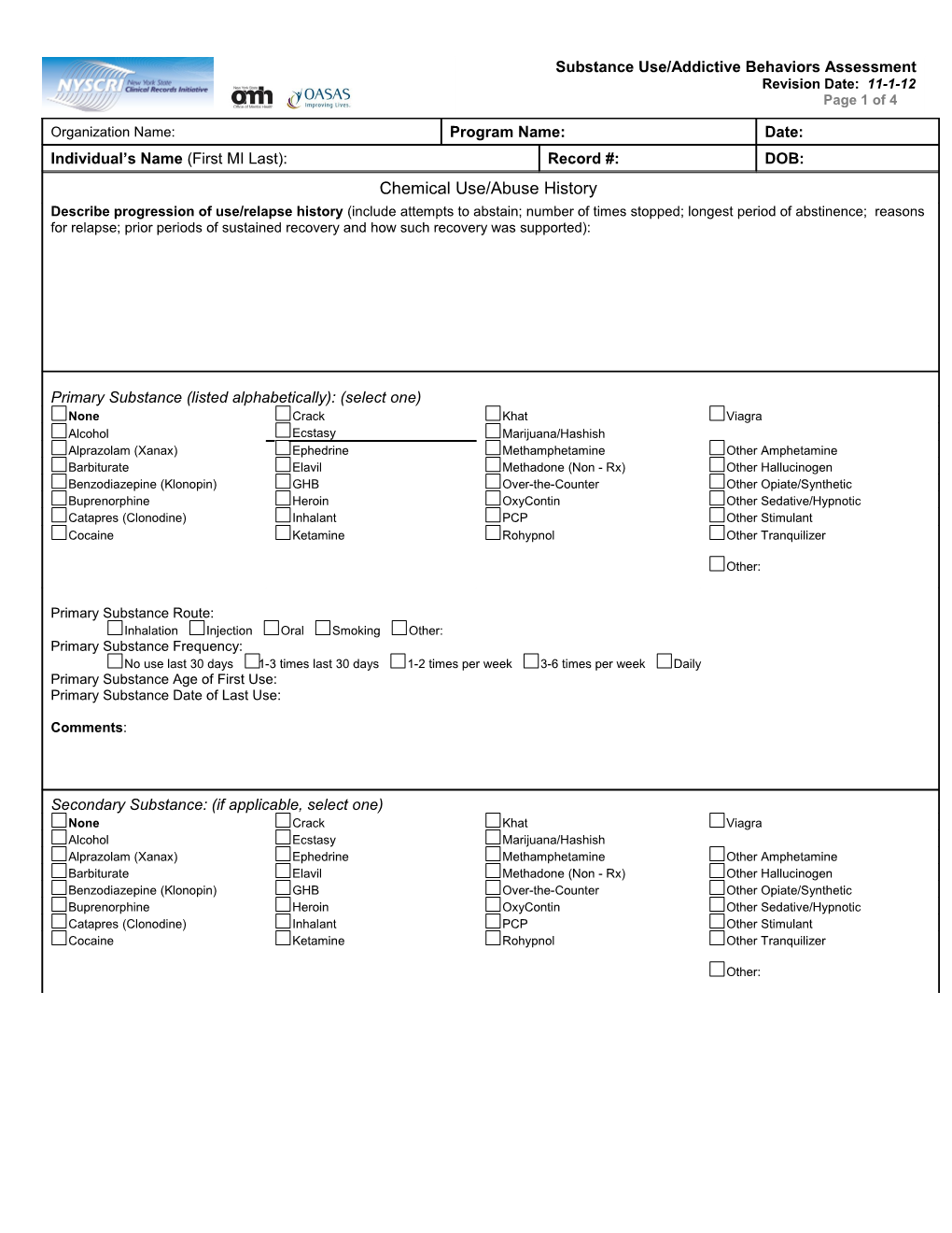 Substance Use / Addictive Behavior History Addendum