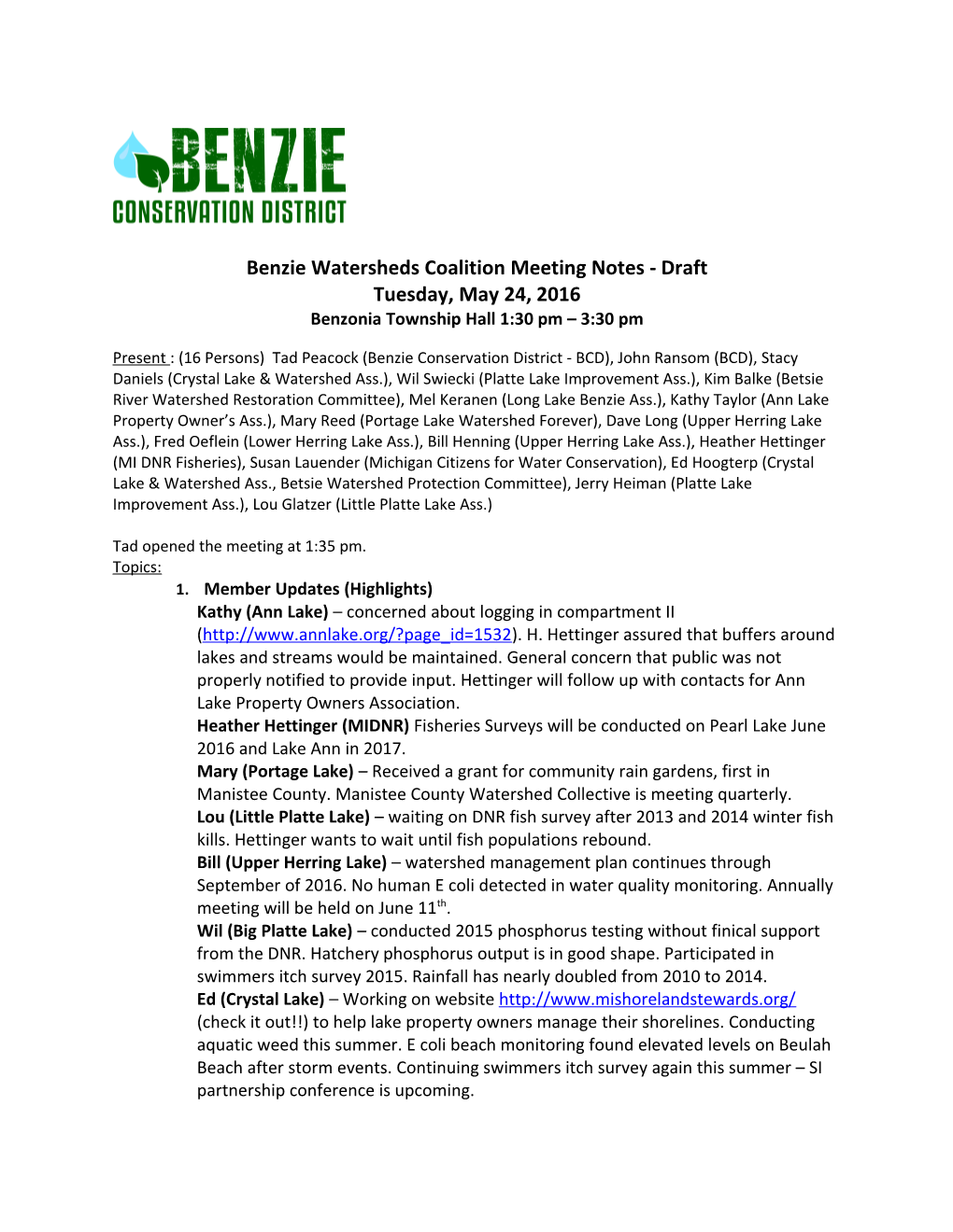 Benzie Watersheds Coalition Meeting Notes - Draft