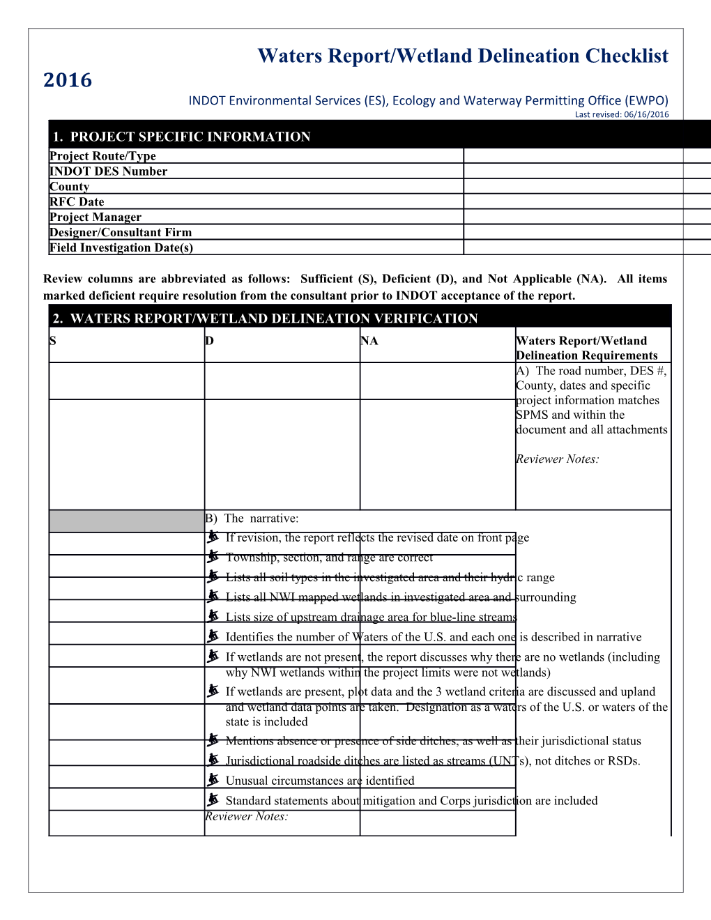 Waters Report/Wetland Delineation Checklist