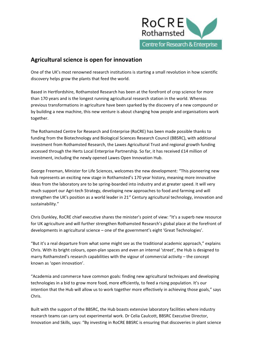 Agricultural Science Is Open for Innovation
